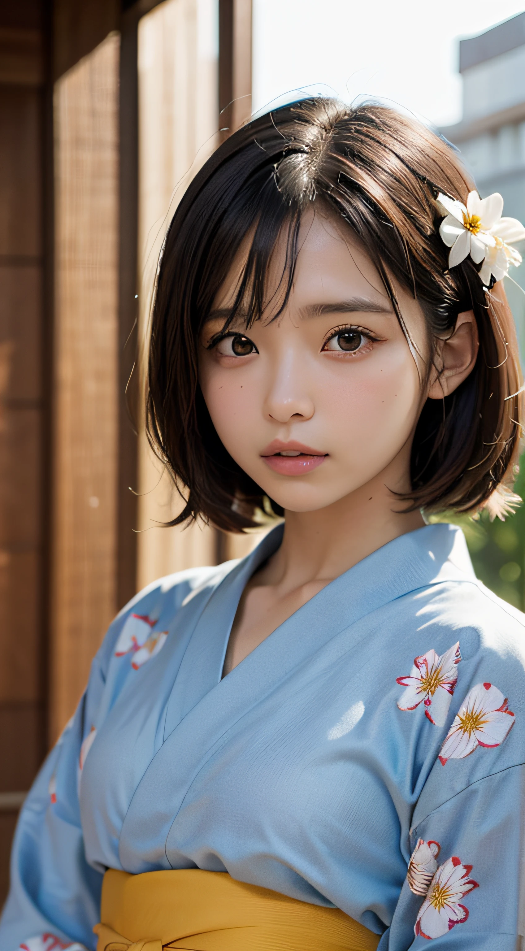 cute 21 year old japanese、super detailed face、Attention to detail、double eyelid、Beautiful thin nose、Sharp focus:1.2、Beauty:1.4、(bright茶髪、short cut hair、white skin、highest quality、bright、masterpiece、ultra high resolution、(realism:1.4)、hostel、cute yukata、meal、
