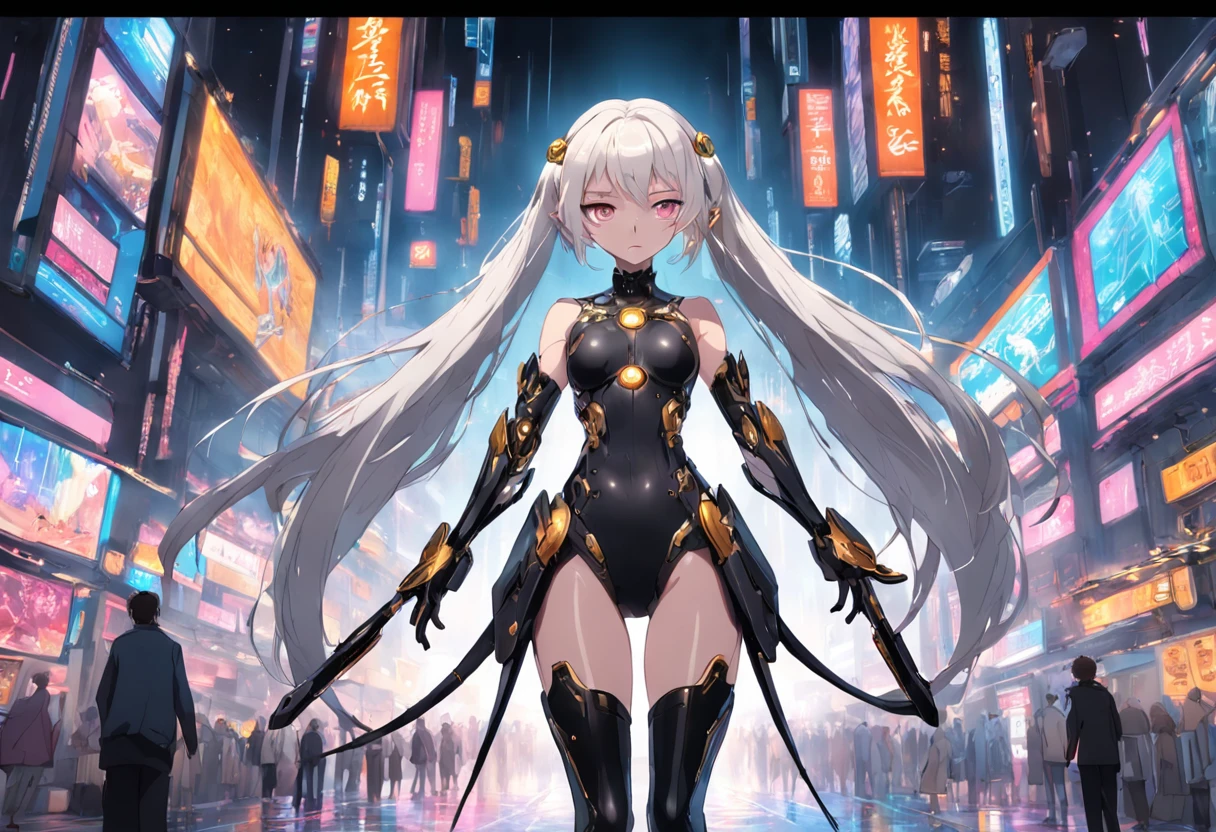 Sci-fi simplicity、Girl with medium long white hair、Movie poster style、k hd、Handheld metallic gloss、black leg rings、Harmonious tones、Light accent、cyber punk perssonage、epcot。Golden eyes,Mechanical body,orthofacial,full bodyesbian。There are black roses at the ankles,There are mechanical wings around the waist。