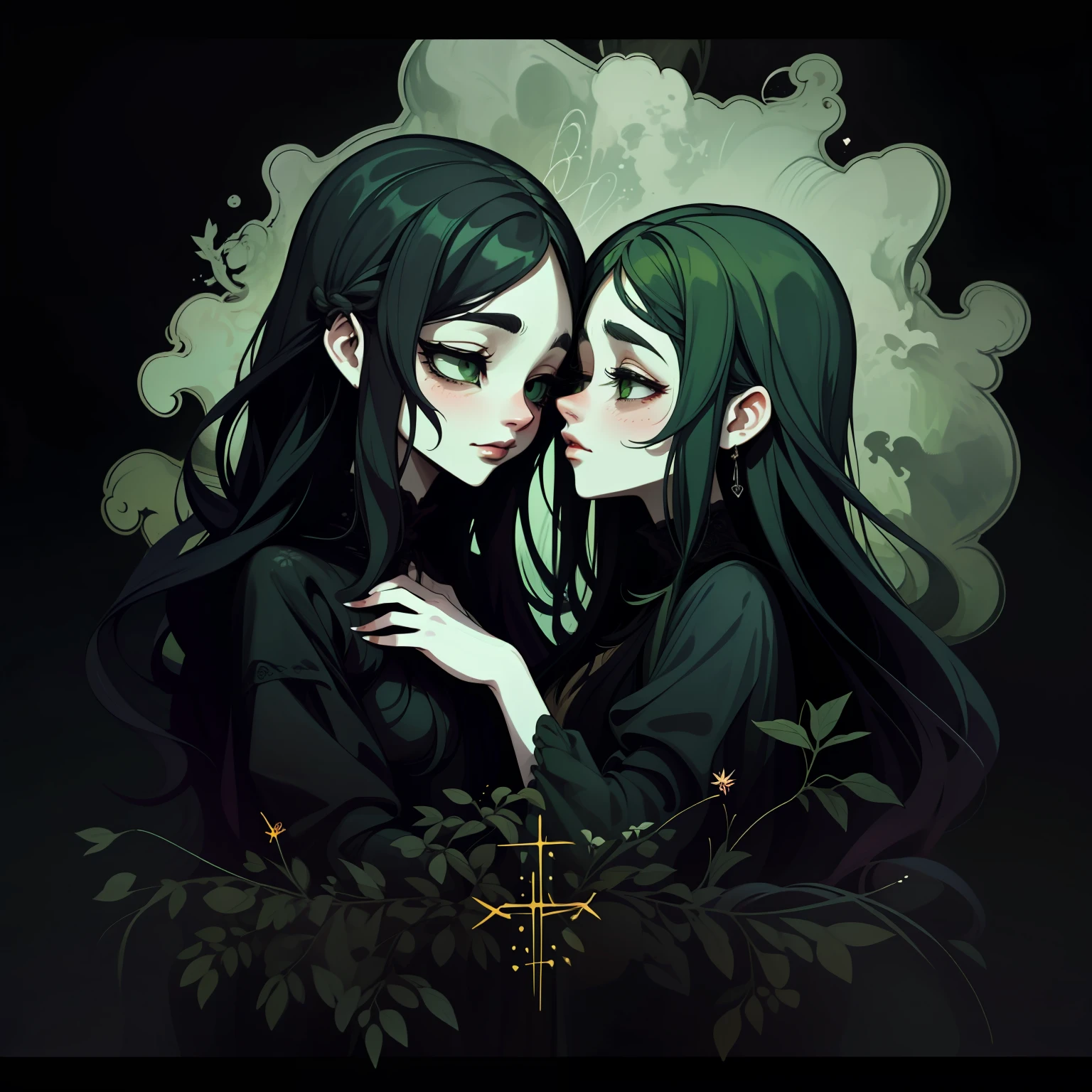 adesivo, fundo simples, portrait, 2 girls, couple, kissing, girl with long hair, beautiful gothic girl, gothic aesthetic, beautiful girl, very beautiful fantasy art, beautiful and elegant female gothic, beautiful detailed fantasy, black and green color palate, black color-theme