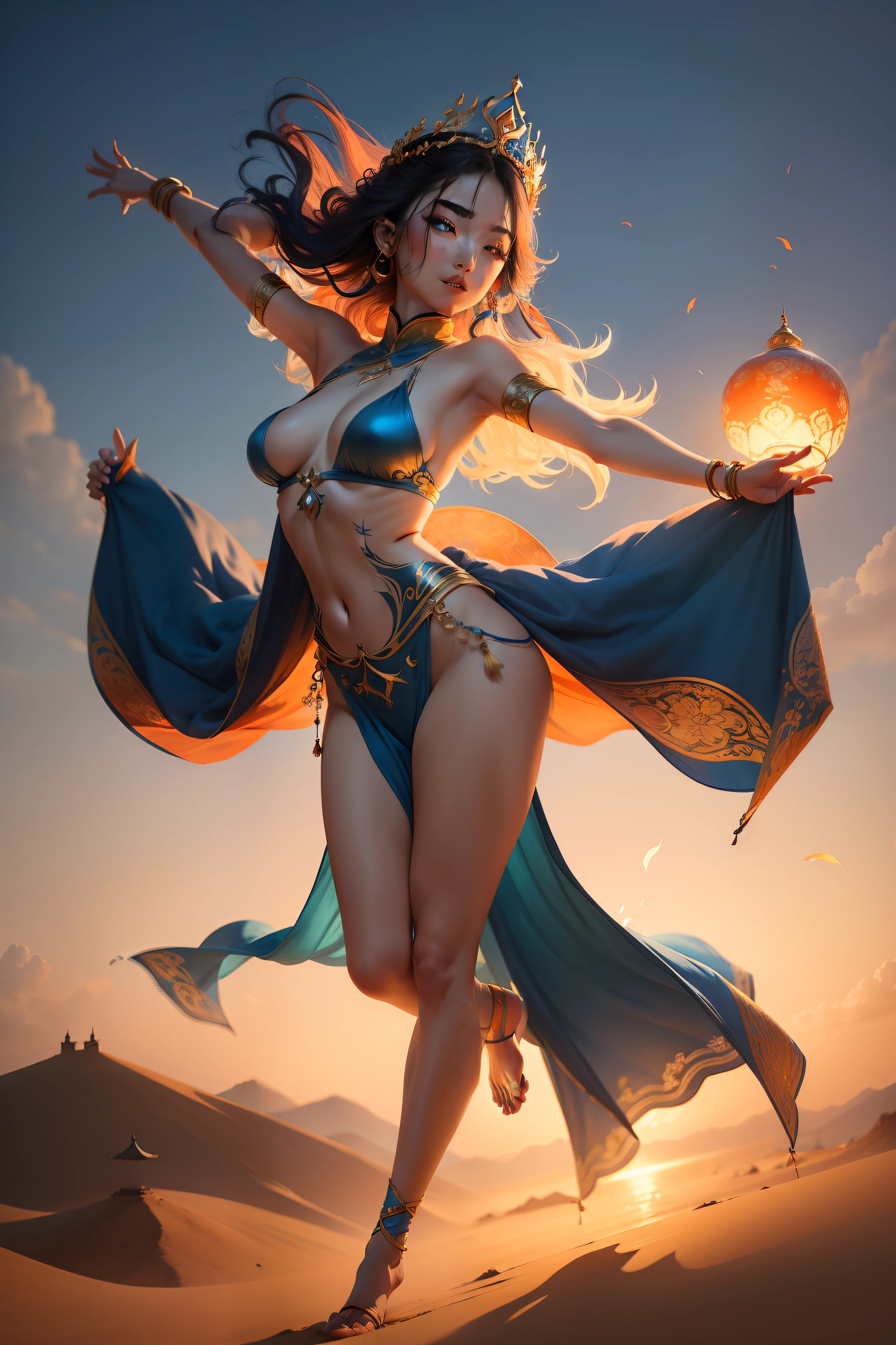 A 23-year-old oriental fairy floats in the air,Flying Dance,Head down leg on top posture,Wearing blue and orange Dunhuang costumes,Full body like,nipple tassels,Ribbons,crown of head,耳Nipple Ring,bangle,foot ring,dances,Dunhuang style,Delicate Arabic makeup,super detailing,depth of fields