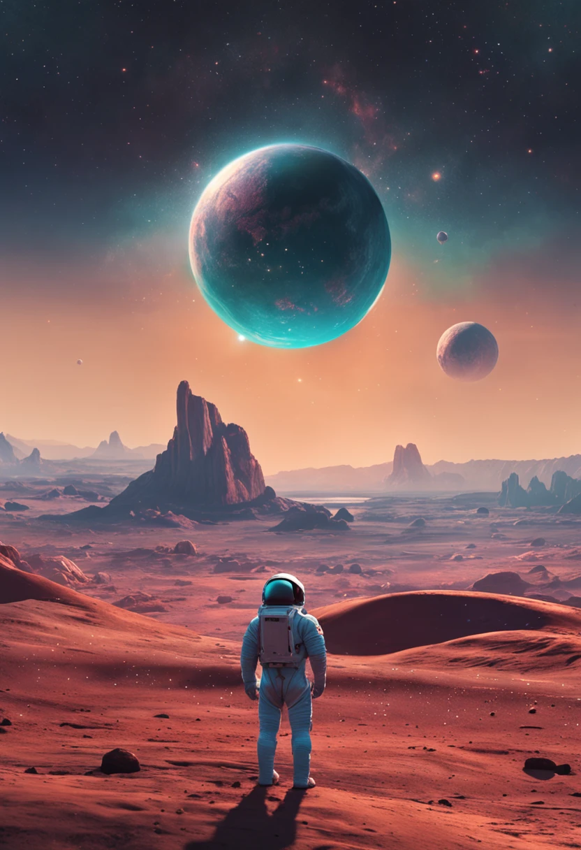 Depict a figure in an astronaut suit exploring an alien landscape on a distant planet, illuminated by the light of a neighboring star. Showcase the stark contrast between the unfamiliar terrain and the familiar human form