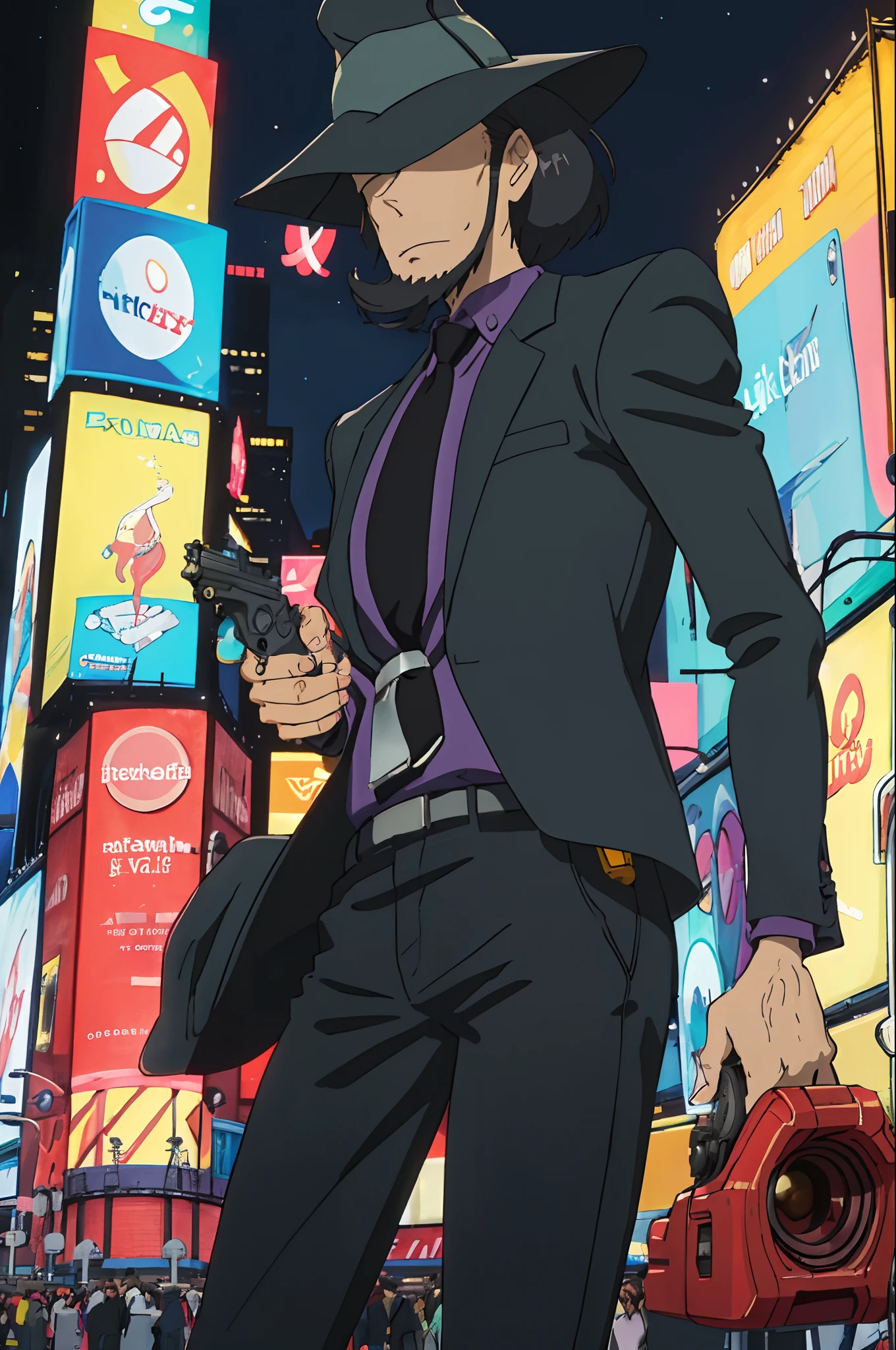 Jigen ,  (Best Quality, masutepiece, Raw photo,Ultra-detailed:1.2), 1boy,Solo,Looking at Viewer, Balck Hair, 
hat, Formal, eyes hidding,  Background of Times Square in New York, Night, Holding a pistol, From below,