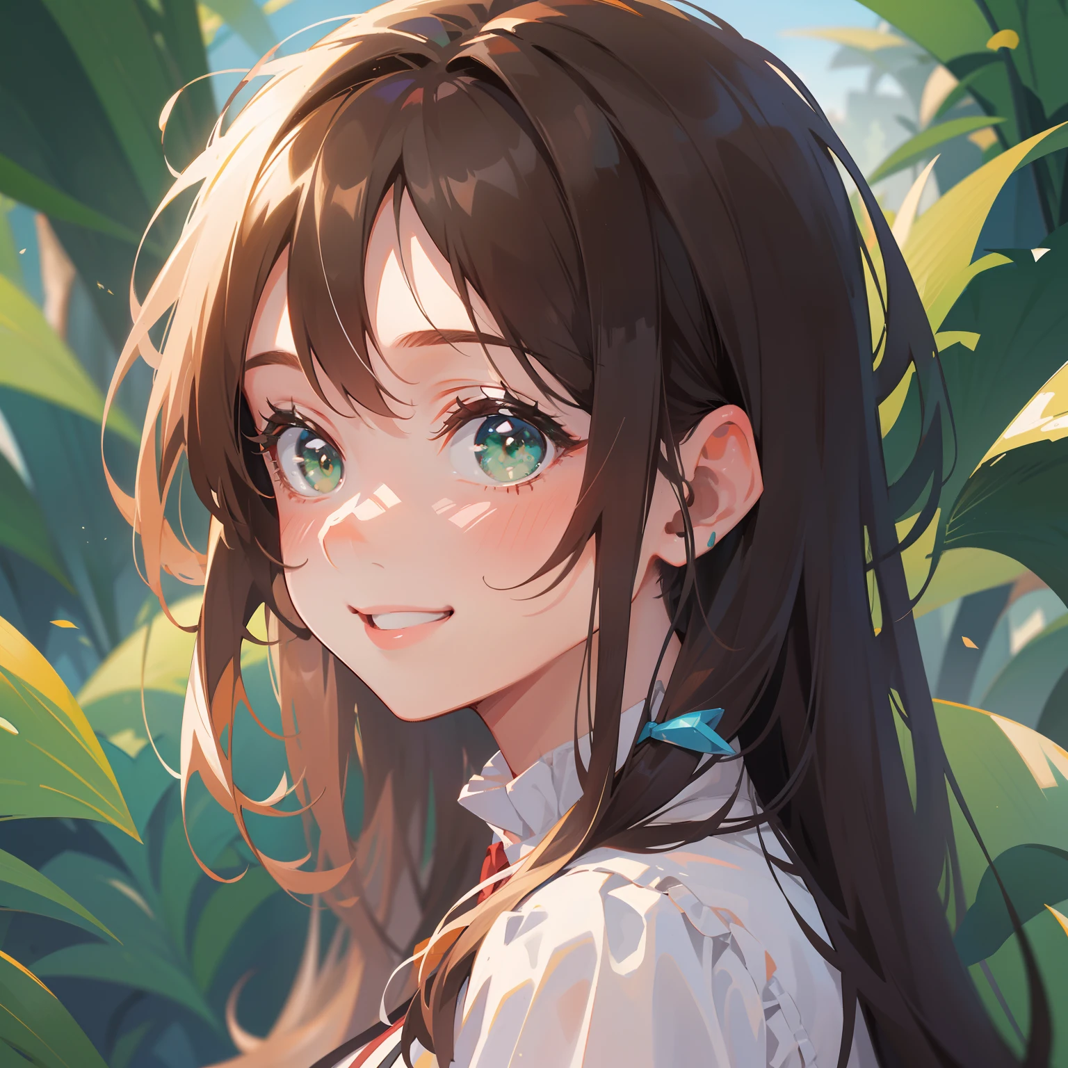 (masterpiece), (best quality), ultra high res, sharp focus, ((1 woman, solo)), upper body, profile shot, beautiful detailed hair, chestnut brown hair, long hair flowing up, beautiful detailed face, green eyes, comfortable face, perfect feminine face, smiles at the viewer