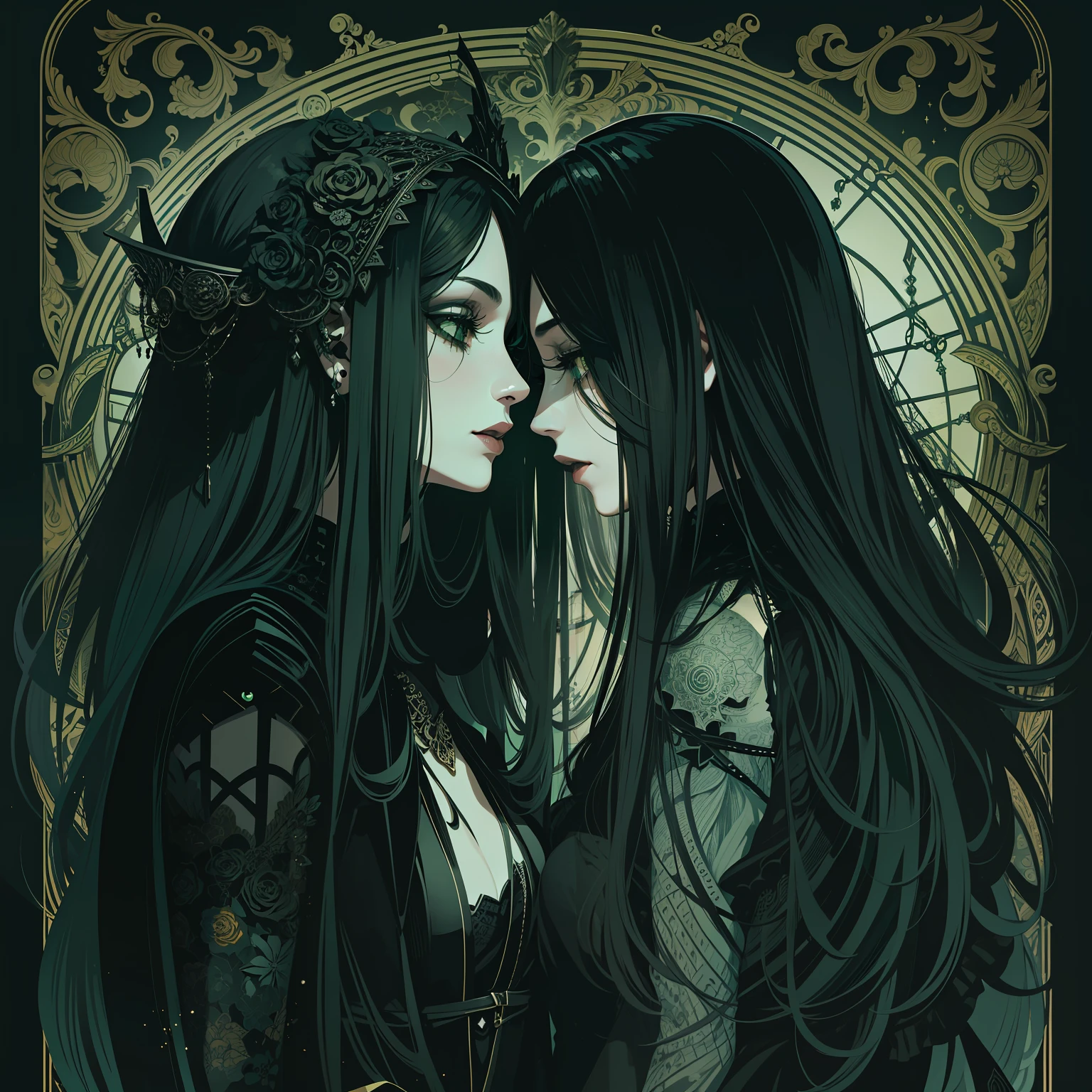 adesivo, fundo simples, portrait, 2 girls, couple, kissing, girl with long hair, beautiful gothic girl, gothic aesthetic, beautiful girl, very beautiful fantasy art, beautiful and elegant female gothic, beautiful detailed fantasy, black and green color palate, black color-theme