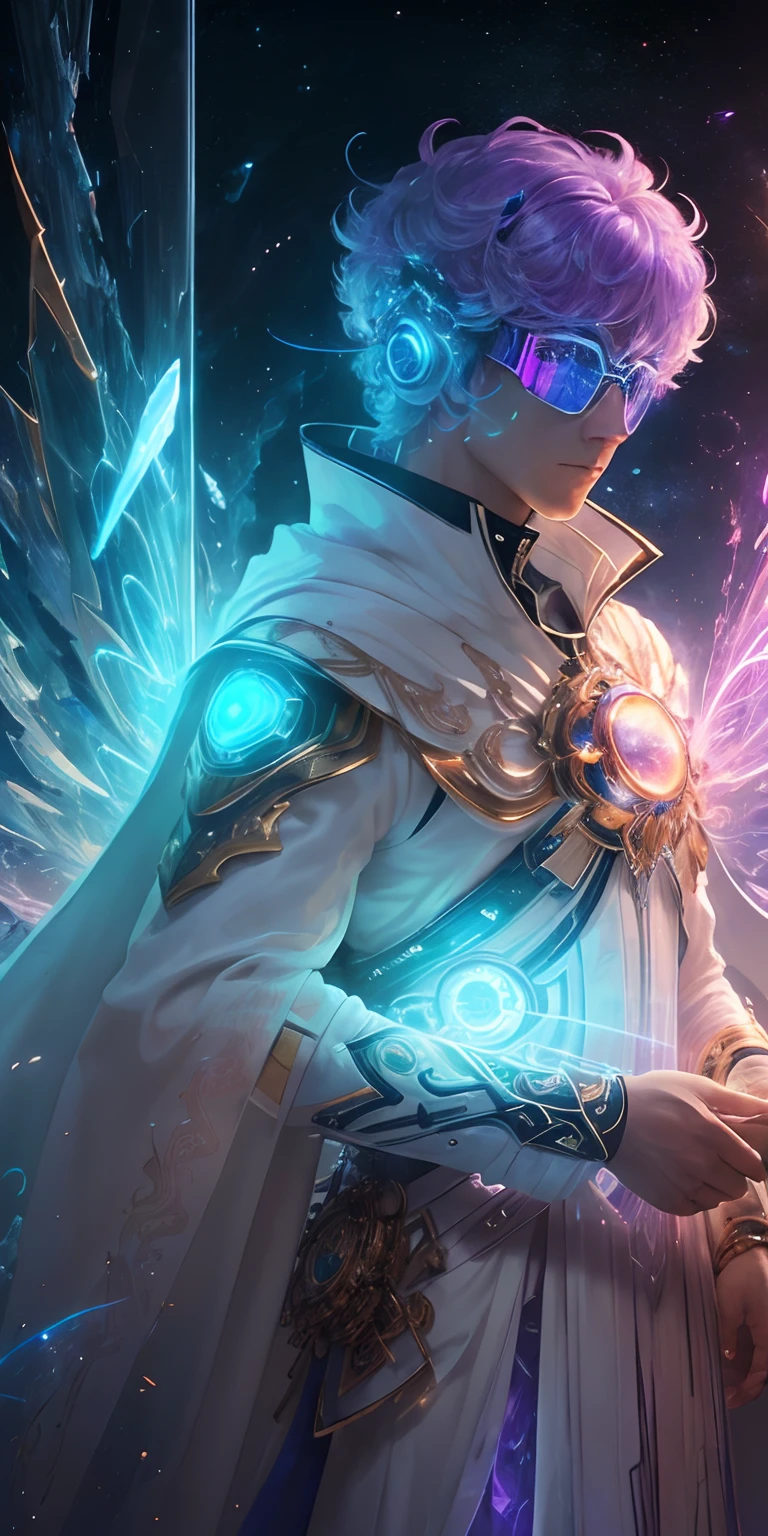 (8k), ultra 8k resolution, Stunning illustration of a splendid celestial, Galactic fragmentation, Ethereal hero, Warrior Prince, (Cyberpunk transparent mask: 1.3), Cosmic glasses (Time machine in your hand: 1.7), Flowing luminous white robe , Explorador celestial emergiendo de un portal, (Obra maestra ultra detallada: 1.7) cinematic lighting