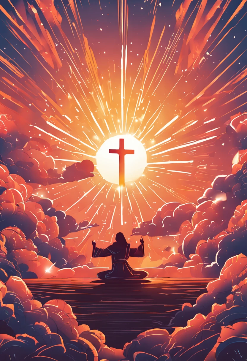 obra-prima, melhor qualidade, Deus, Jeus, holy spirit , floating into the sky, close-up, brilhante, feliz, Soft lighting and Warm, sun sunset, (Sparks: 0,7)