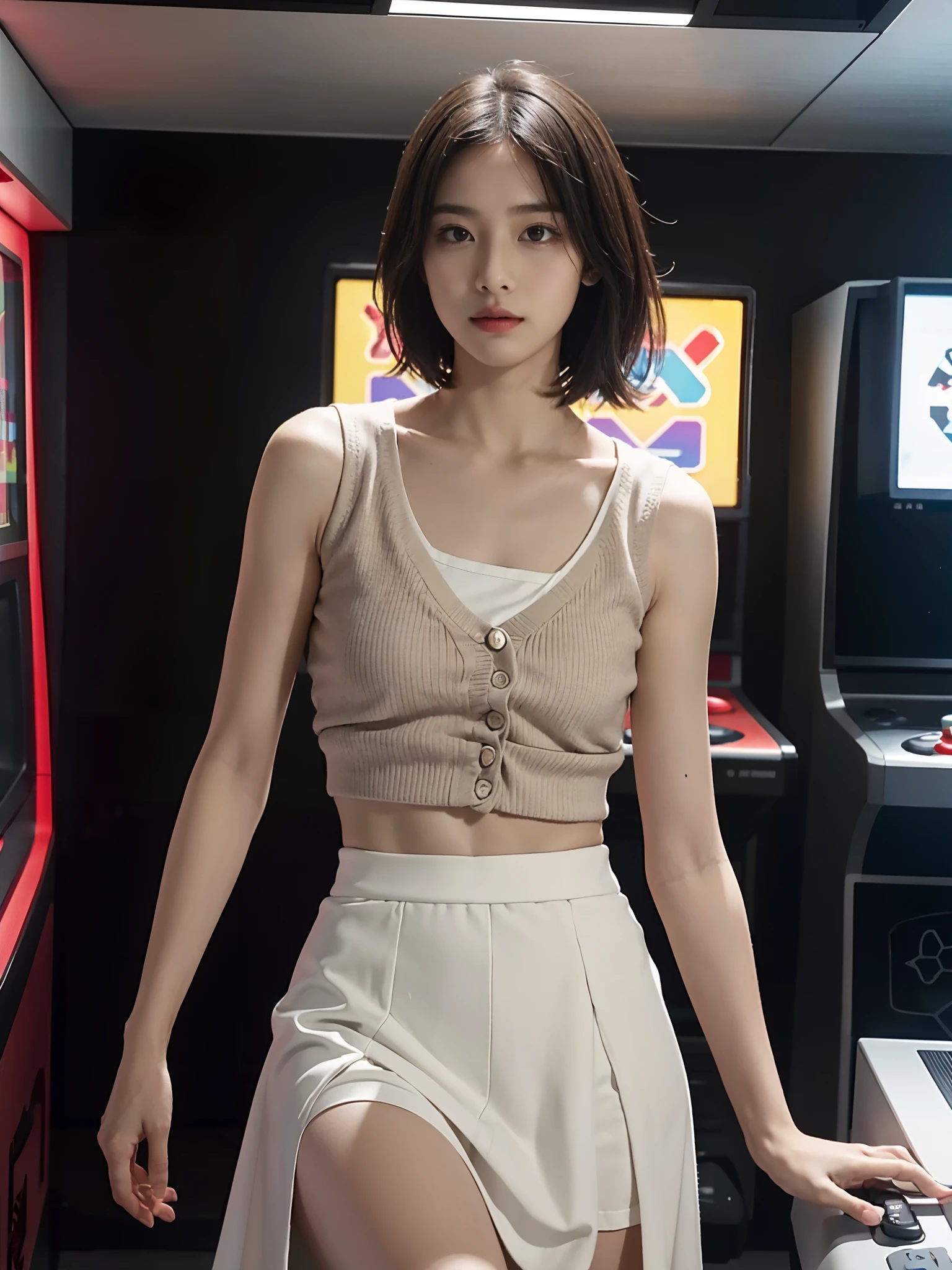 ((smallunderboob,Tomboyish,small heads)), (Well-defined abs: 1.1), (perfect bodies: 1.1), (short-length straighthair: 1.2), Black hair,Wearing glasses， fully body photo, Wearing a light gray vest，White cardigan，Off-white long skirt slit skirt，（极其细致的CG 8k壁纸），（Extremely refined and beautiful），（tmasterpiece），（best qualtiy：1.0），（超A high resolution：1.0），beautiful light up，Perfect lightning，realistic shaded，[A high resolution]，Delicate skin，ultra - detailed ，In the video game hall，Next to arcade consoles，Dim light