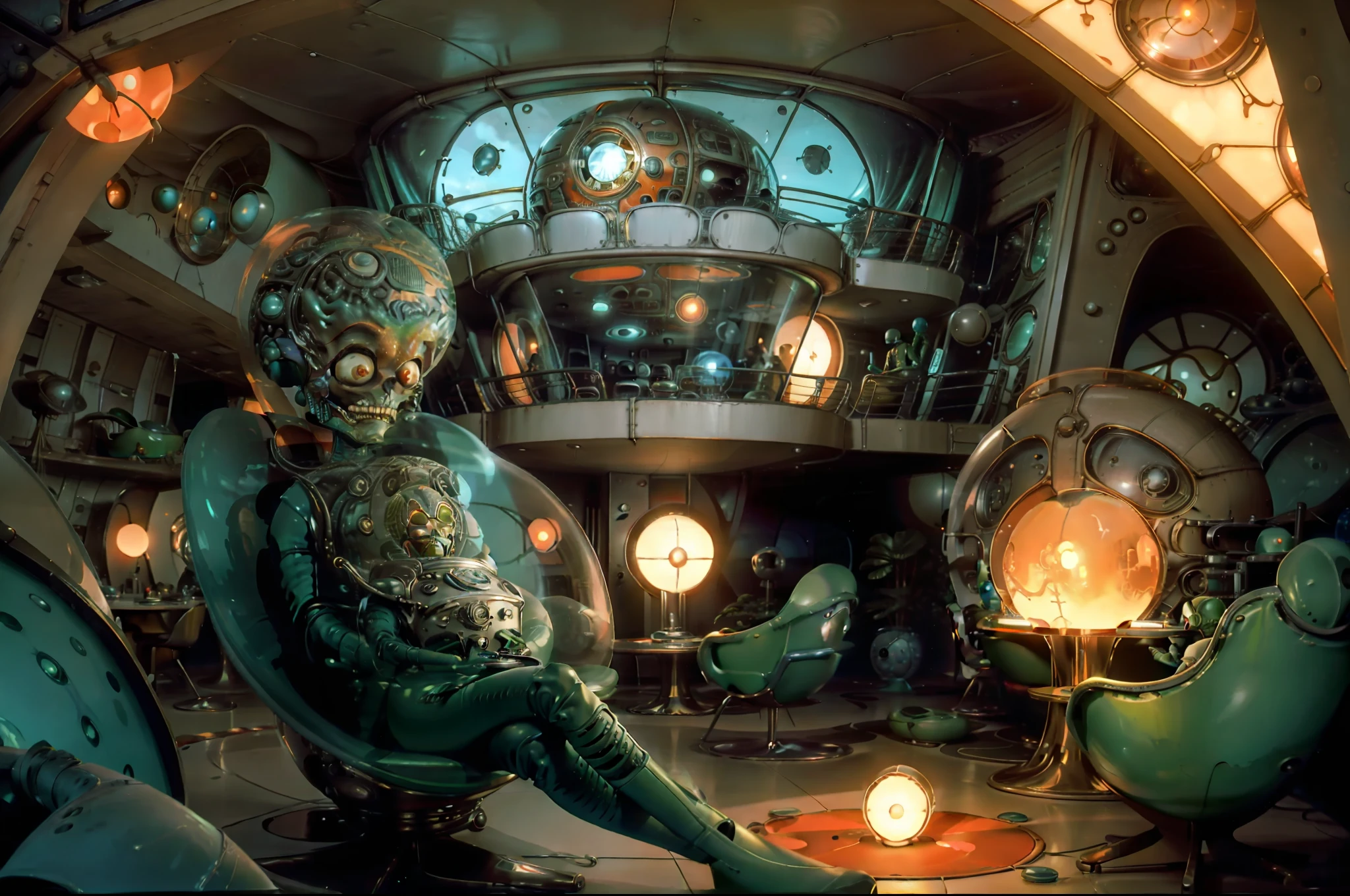 MartianS chilling out in a human house . Retrofuturistic house as background, big rounded windows, round tv, 1970's style furniture. Colorful image. Illuminated by lamps and light through the windows. Highly detailed. Photorealistic.