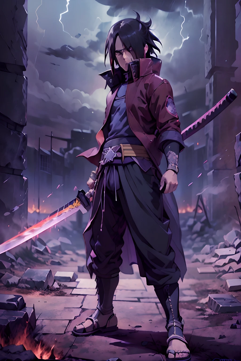 sasuke boruto, saringan eyes, rinengan eyes, chidori, katana, hole body, full body, masterpiece, intricate detailed, hyperrealistic, cinematic, 8 K, perfect composition, high contrast, highres, dynamic pose, ancient ruins