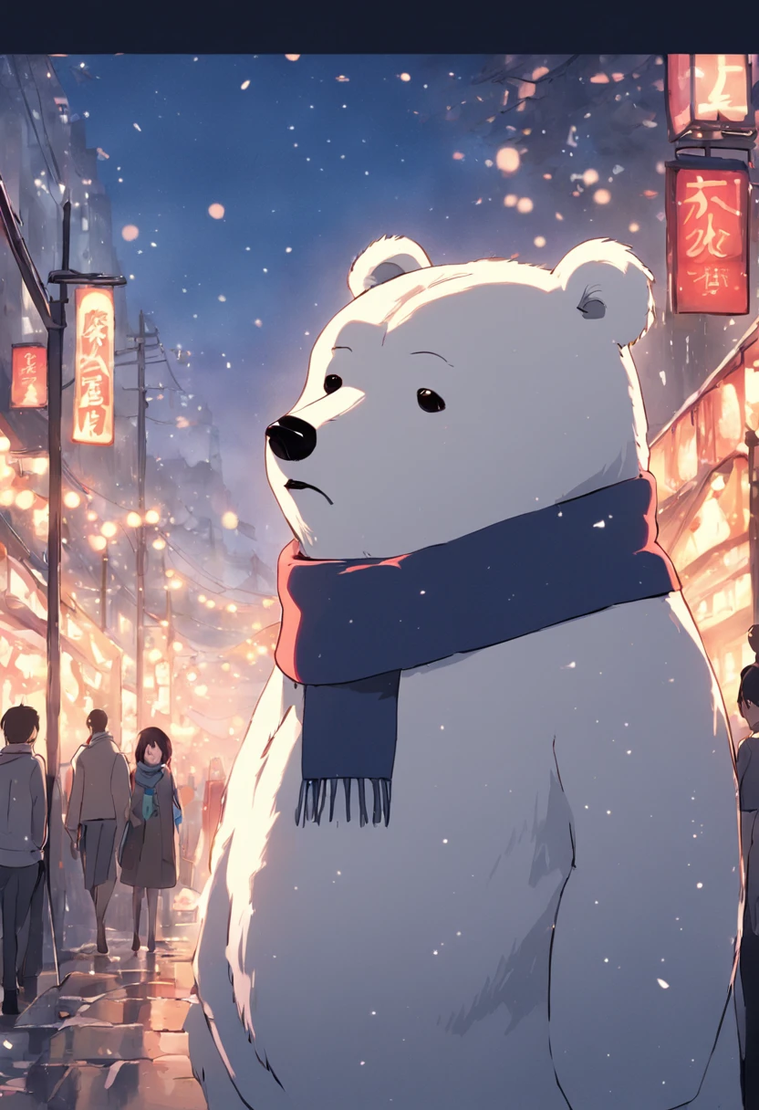 There is a cartoon polar bear wearing a scarf, a screenshot inspired by Ma Yuanyu, trending on reddit, mingei, komono, Polar bears, tian zi, 千 葉 雄 大, ƒ1.8, ƒ 1. 8, Middle metaverse
