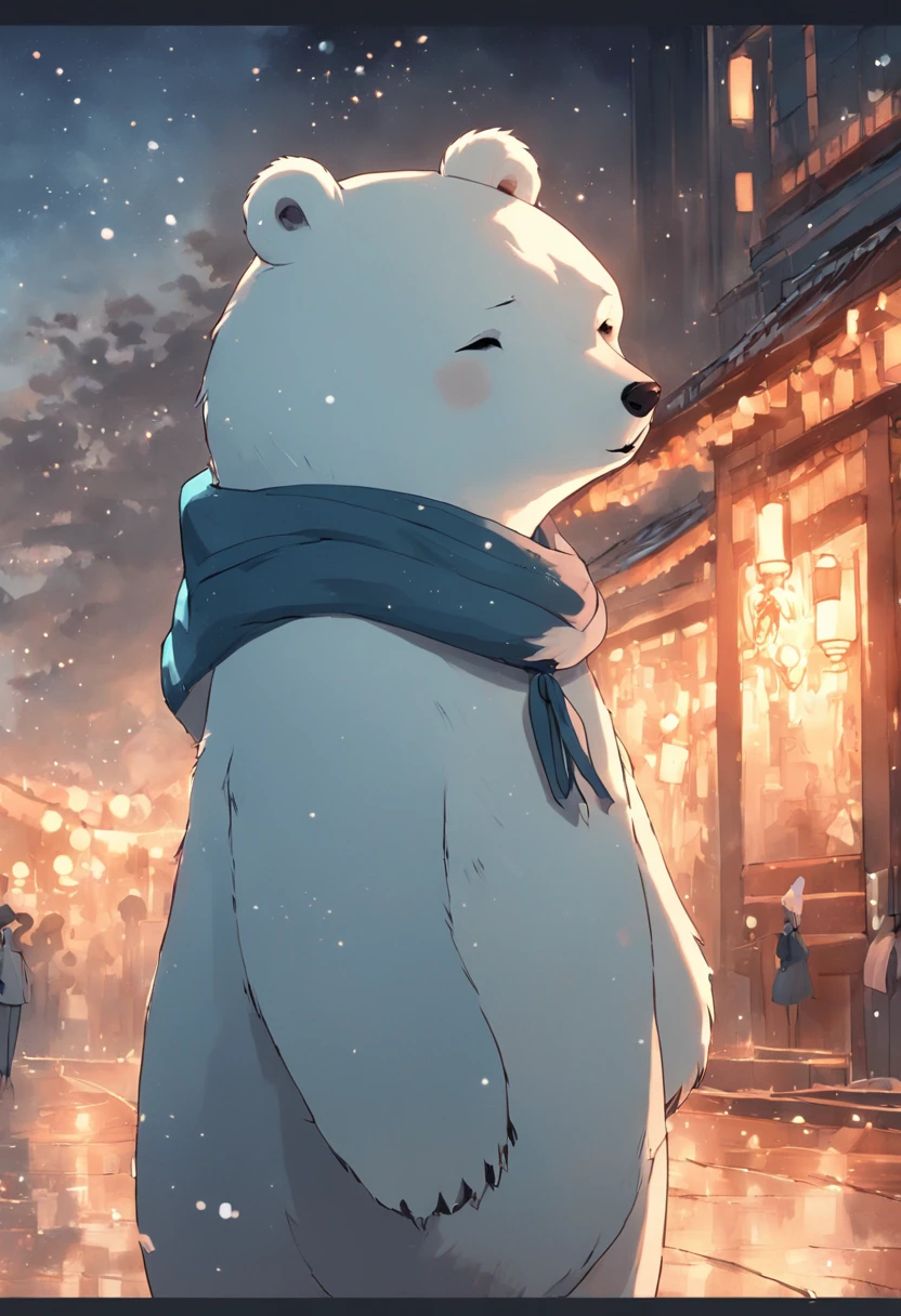 There is a cartoon polar bear wearing a scarf, a screenshot inspired by Ma Yuanyu, trending on reddit, mingei, komono, Polar bears, tian zi, 千 葉 雄 大, ƒ1.8, ƒ 1. 8, Middle metaverse