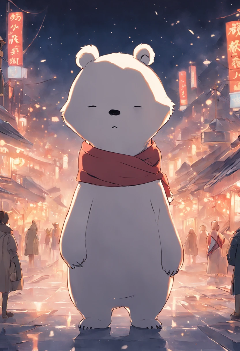 There is a cartoon polar bear wearing a scarf, a screenshot inspired by Ma Yuanyu, trending on reddit, mingei, komono, Polar bears, tian zi, 千 葉 雄 大, ƒ1.8, ƒ 1. 8, Middle metaverse