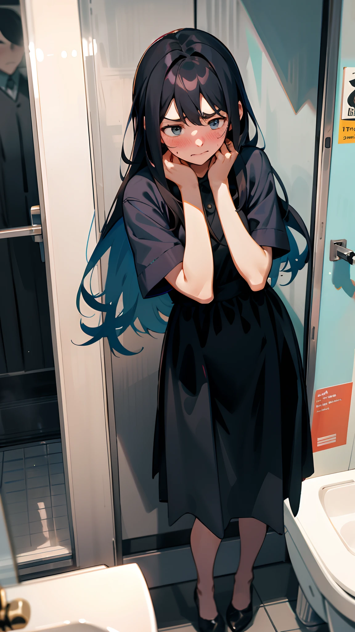 1girl with long hair and dress, 1 girl is taking to lavatory, looking away, standing, embarrassed, blush, Keep one's mouth shut, street (girl is peeing self:0.4)