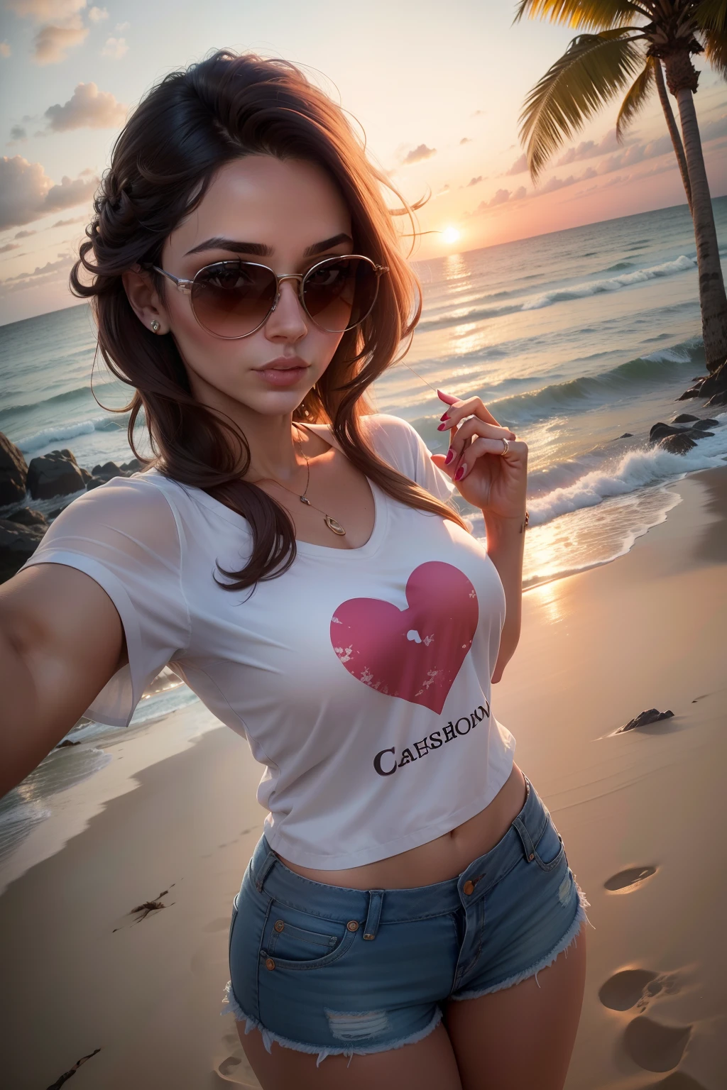 garota de olhos castanhos, cabelos castanhos, wearing a white blouse with heart print and a pair of jean shorts, wearing sunglasses, tirando uma selfie na praia, with sunset. high-definition, Realistic image, praia exuberante, with vast tropical vegetation