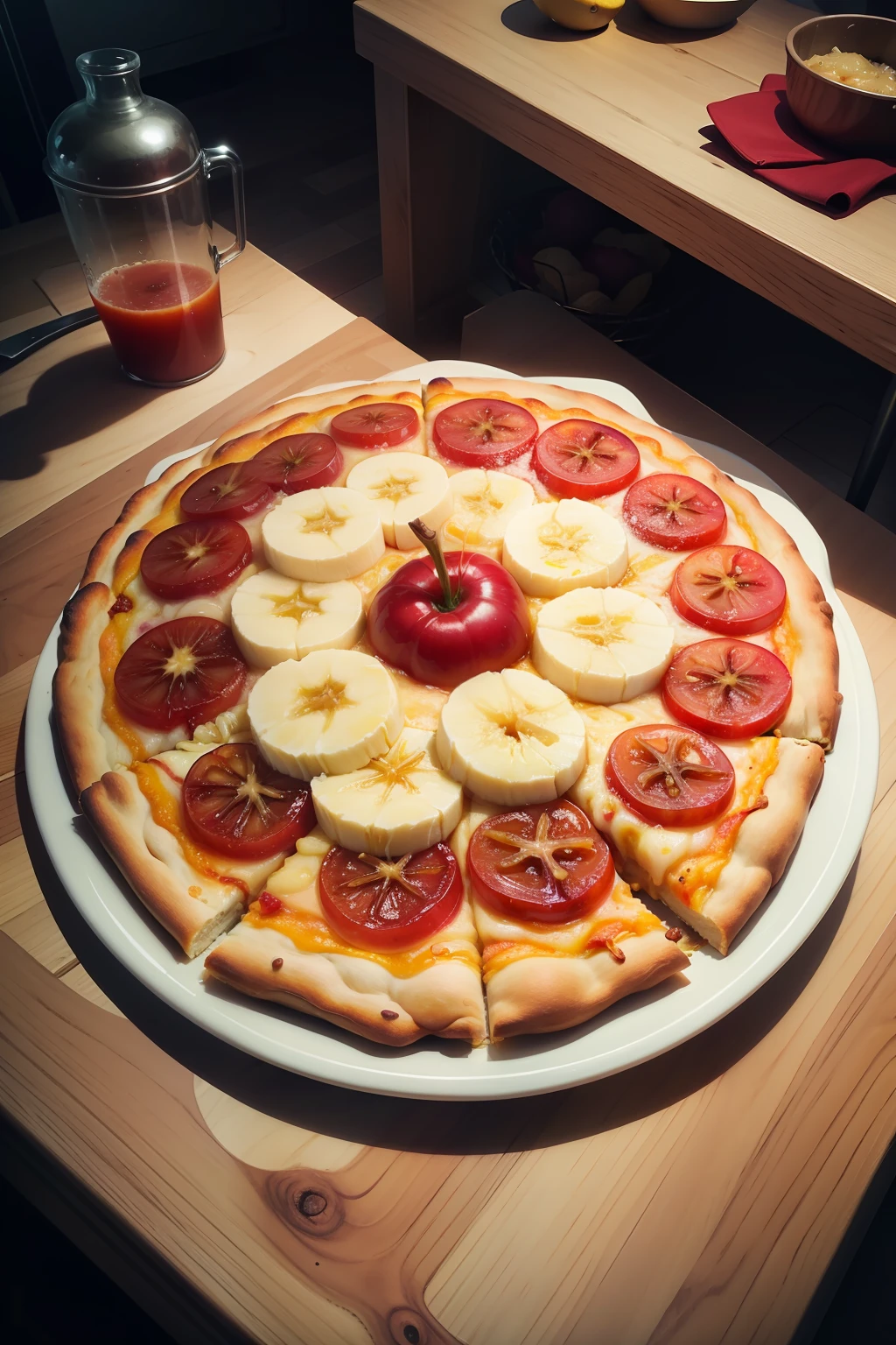 Banana pizza,Delicious,Tempting brushing,Sweet and sour plum juice,NOhumans
