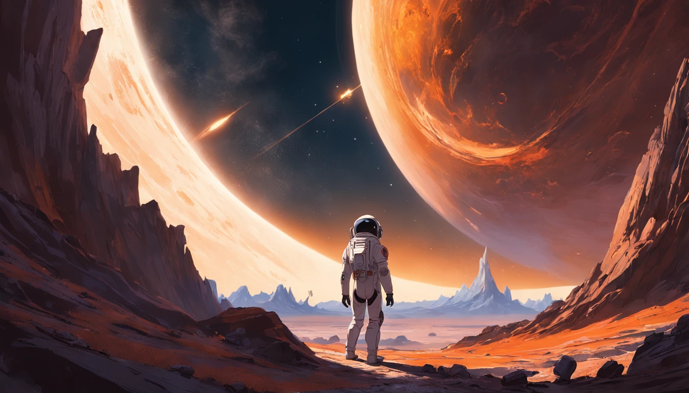 Depict a figure in an astronaut suit exploring an alien landscape on a distant planet, illuminated by the light of a neighboring star. Showcase the stark contrast between the unfamiliar terrain and the familiar human form