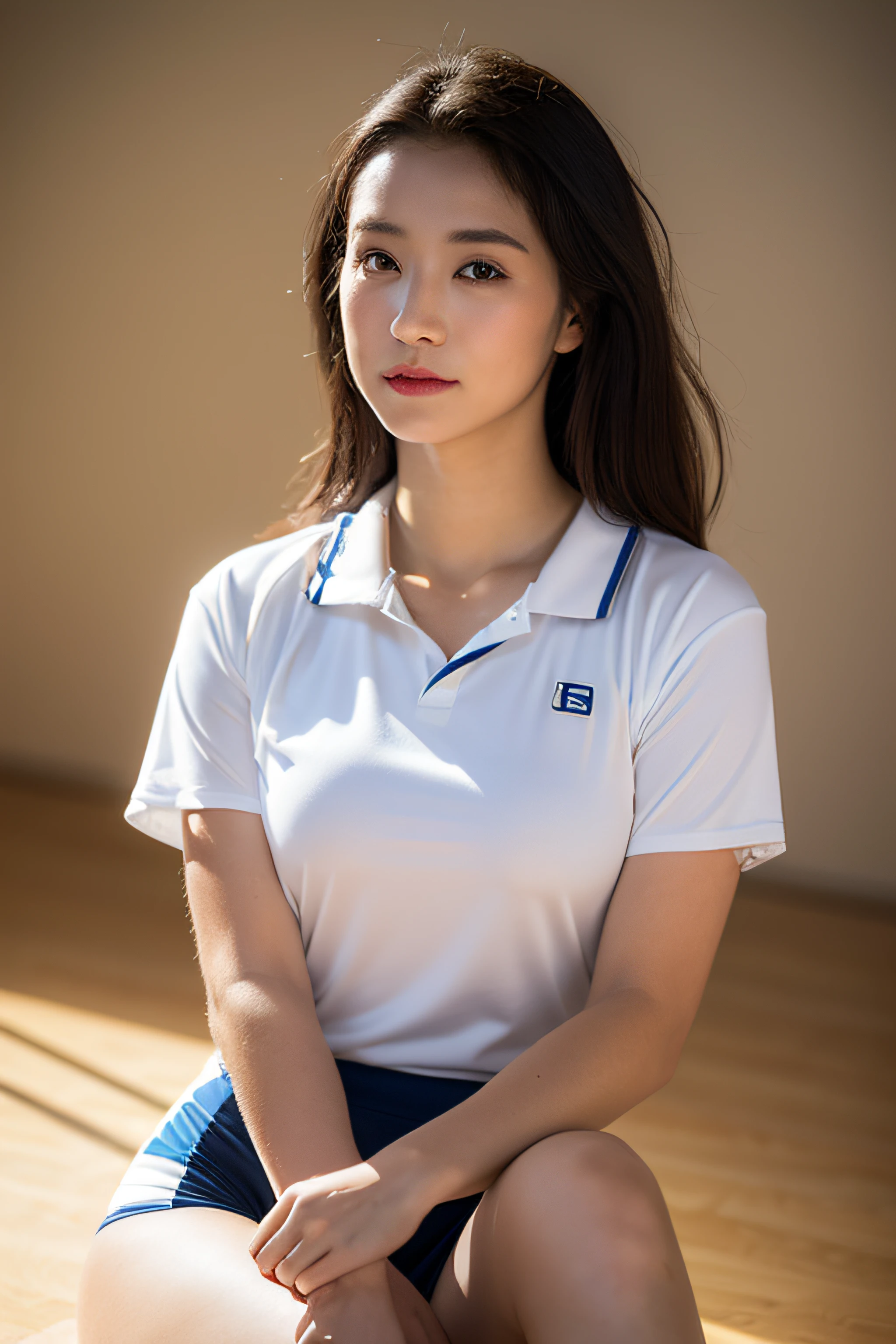 (Photoreal: 1.4), (Hyper-realistic: 1.4), (Realistic: 1.3), (Smooth lighting: 1.05), (Improved cinematic lighting: 0.9), 32K, 1 girl, 20 year old girl, Realistic lighting, Backlight, Face Light, raytrace, (Whitening light: 1.2), (Image enhancement: 1.4), ( Top quality real skins: 1.4), Narrow eyes, Fine face, Narrow eyes, (Body Line Mood Increase: 1.1), Oversized breasts, Big, (Skin Texture Enhancement Beauty: 1.1),Volleyball uniform:1.4, Indoor_Volleyball_court_Background:1.4, thighs thighs thighs thighs, Protruding , Crotch