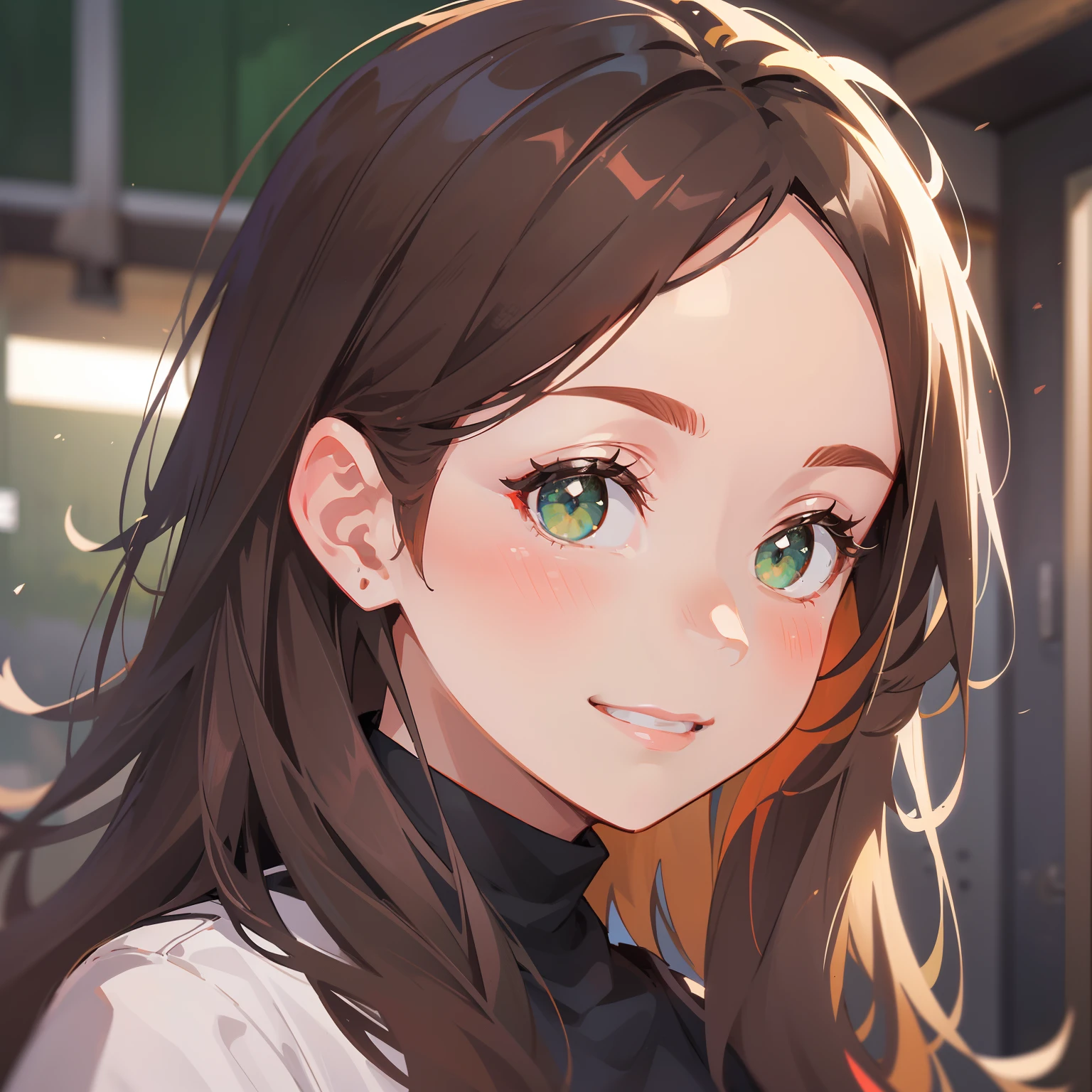 (masterpiece), (best quality), ultra high res, sharp focus, ((1 woman, solo)), upper body, front profile shot, beautiful detailed hair, chestnut brown hair, long hair flowing up, beautiful detailed face, green eyes, comfortable face, perfect feminine face, smiles at the viewer