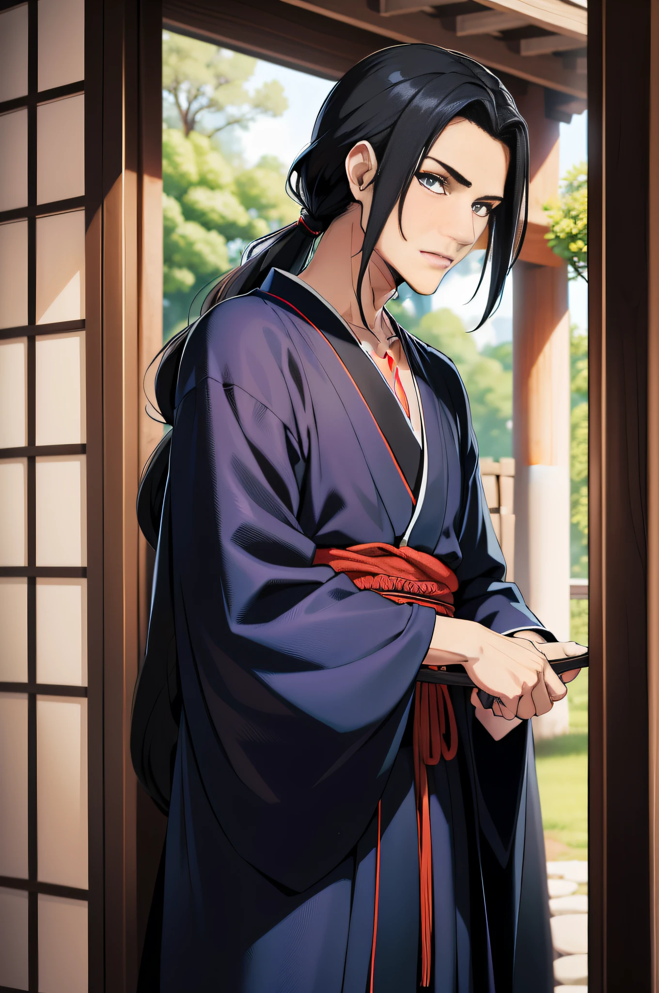 adolescente, homem, com roupa, totalmente vestido, kimono preto, coberto por roupas (cabelo longo preto), japanese, sombras, mistborn, (((Masculino))), sozinho, ((solo)), olhos vermelhos, roupa com detalhes vermelhos, sem barba