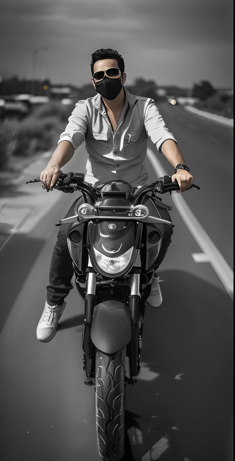 arafed man riding a motorcycle on a road with a mask on, riding a motorcycle, riding a motorbike, sitting on a motorcycle, riding a motorbike down a street, picture of a male biker, motorcycle, motorbiker, one motorbike in center of frame, riding on the road, b&w photo, motorbike, biker, without helmet