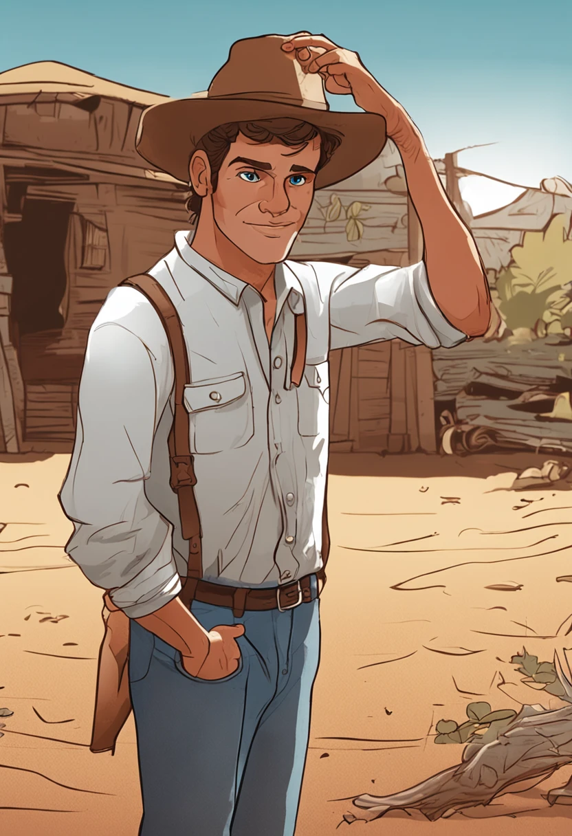 The  blue-eyed Christian Luke, surpreso, in white shirt and light blue jeans, brown sneakers, He explored the forest behind his house, encontrou uma fenda brilhante no tronco de uma, children's book ilustration style, simples, fofo, luz da arvore.
