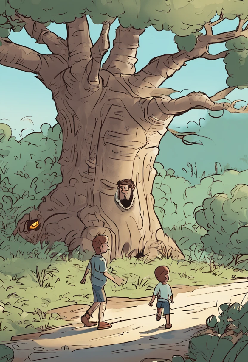 The blue-eyed Christian Luke, surpreso, in white shirt and light blue jeans, brown sneakers, He explored the forest behind his house, encontrou uma fenda brilhante no tronco de uma, children's book ilustration style, simples, fofo, luz da arvore.
