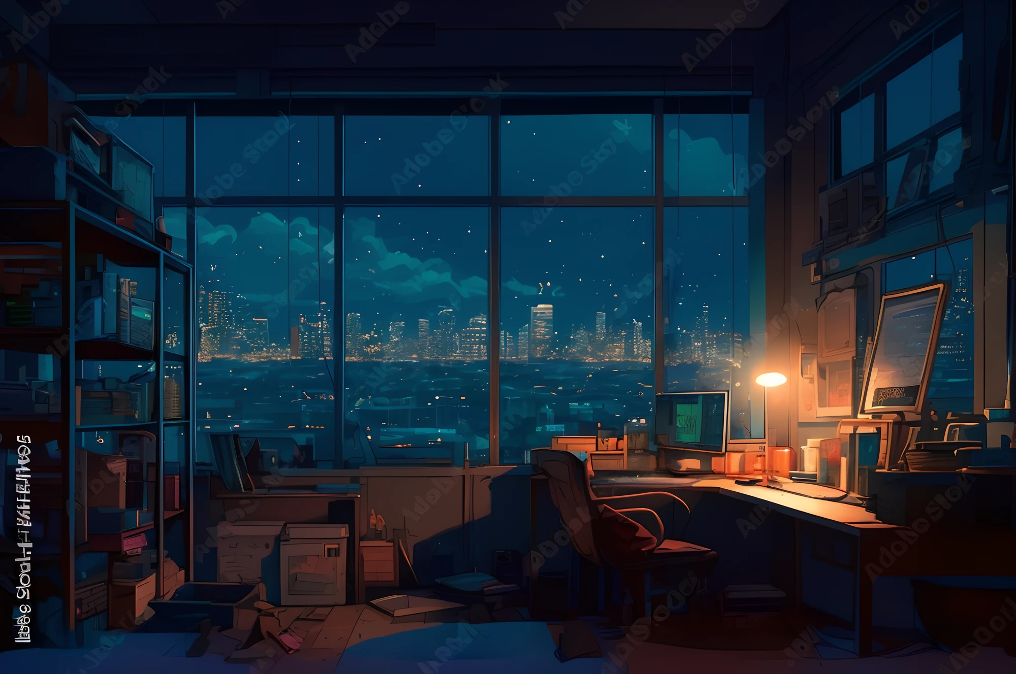 Vista noturna de uma cidade a partir de uma janela com uma mesa e um computador, noite calma. digital illustation, arte de fundo interior, Paisagem urbana noturna, cena mal-humorada dos desenhos animados, detailed 2d illustration, arte de fundo do anime, Noite - Tempo Fundo da Cidade, Cyberpunk Room at Night, 3 d render bipe, Fundo da cidade da noite, fundo do quarto pessoal, Highly detailed illustration."