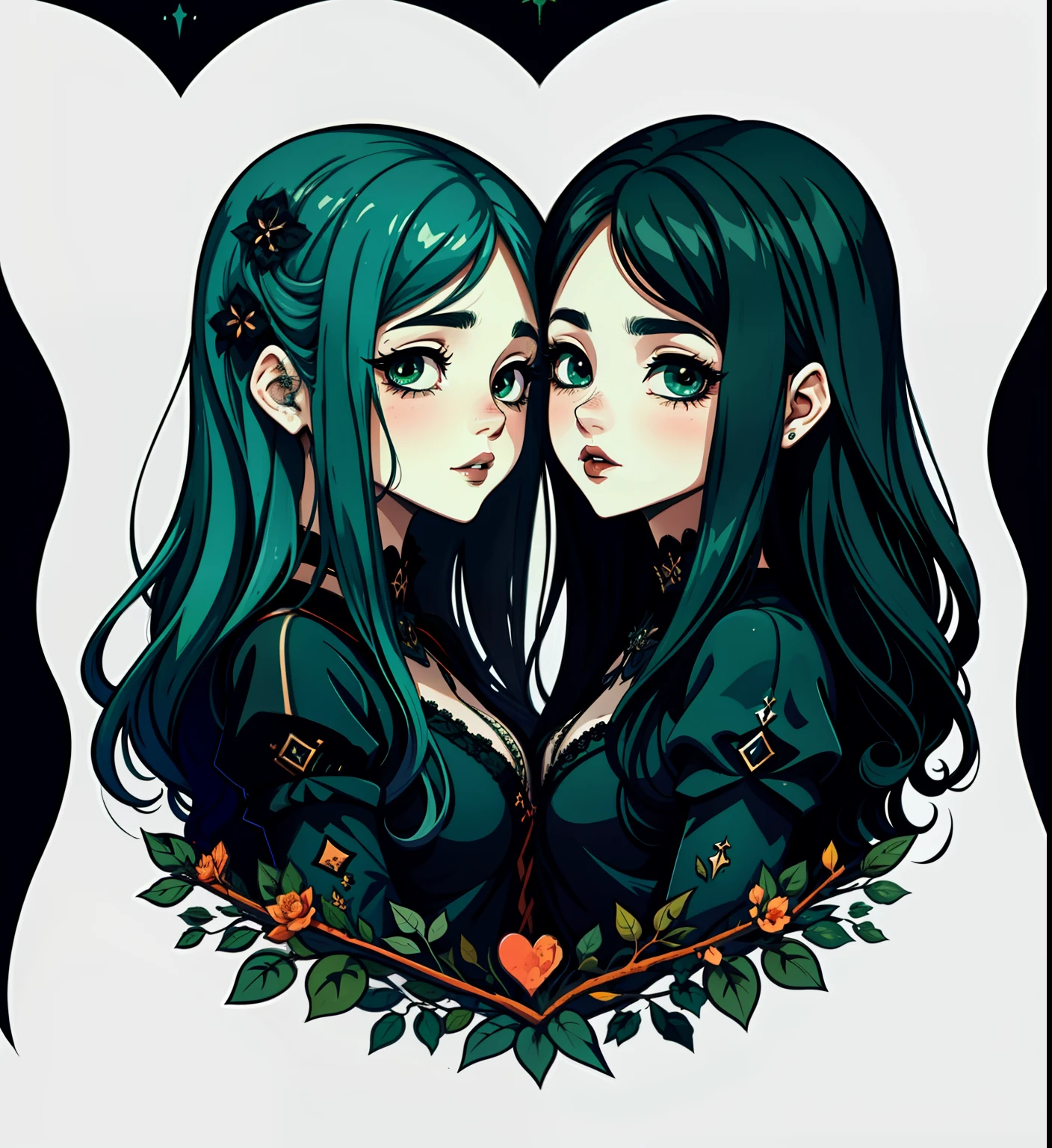 adesivo, fundo simples, portrait, 2 girls, couple, kissing, girl with long hair, beautiful gothic girl, gothic aesthetic, beautiful girl, very beautiful fantasy art, beautiful and elegant female gothic, beautiful detailed fantasy, black and green color palate, black color-theme