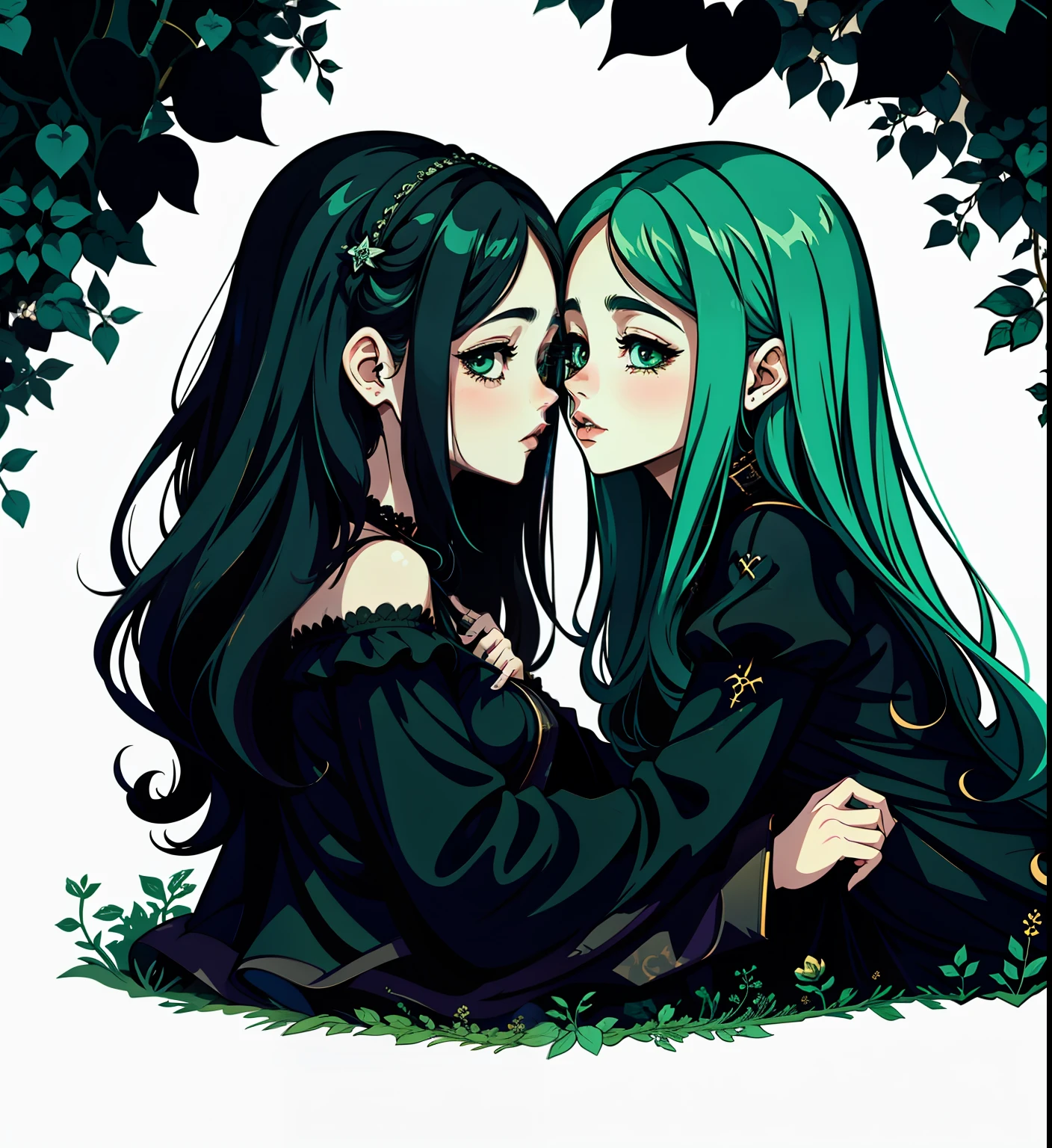 adesivo, fundo simples, portrait, 2 girls, couple, kissing, girl with long hair, beautiful gothic girl, gothic aesthetic, beautiful girl, very beautiful fantasy art, beautiful and elegant female gothic, beautiful detailed fantasy, black and green color palate, black color-theme