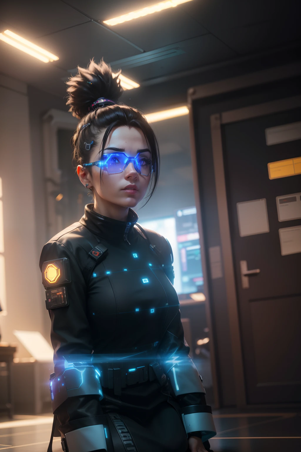 ((Best Quality)), ((Masterpiece)), (Very Detailed:1.3), 3D, Handsome(Cyberpunk:1.3) Female hacker, Mohican hairstyle, kneeling on the ground, thick hair, operating computer terminals, head-mounted displays, computer servers, LCD screens, fiber optic cables, company logos, HDR (High Dynamic Range), ray tracing, NVIDIA RTX, Super Resolution, Unreal 5, Subsurface scattering, PBR textures, post-processing, anisotropic filtering, depth of field, Maximum sharpness and sharpness, multi-layered textures, albedo and highlight maps, surface shading, accurate simulation of light-material interactions, perfect ratios, octane rendering, duotone lighting, low ISO, white balance, rule of thirds, wide aperture, 8K RAW, efficient sub-pixels, subpixel convolution, luminous particles, dynamic pose