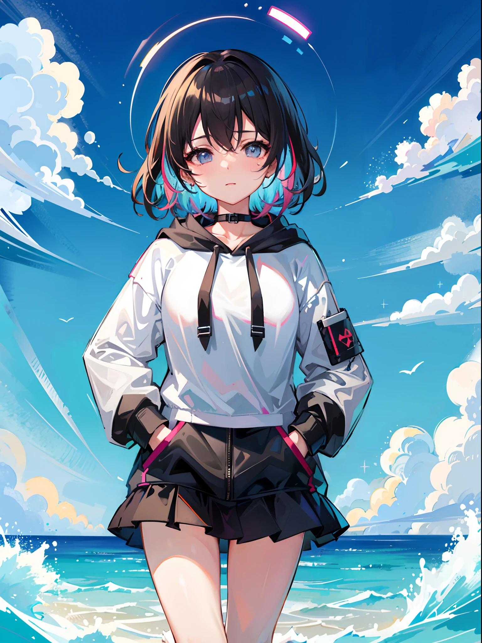 8K分辨率、((top-quality))、((masterpiece))、((ultra-detailliert))、1 woman、独奏、incredibly absurdness、Oversized hoodies、headphones、Street、plein air、Sateen、neons、Shortcut Hair、Brightly colored eyes、Hands in pockets、a miniskirt、water dripping