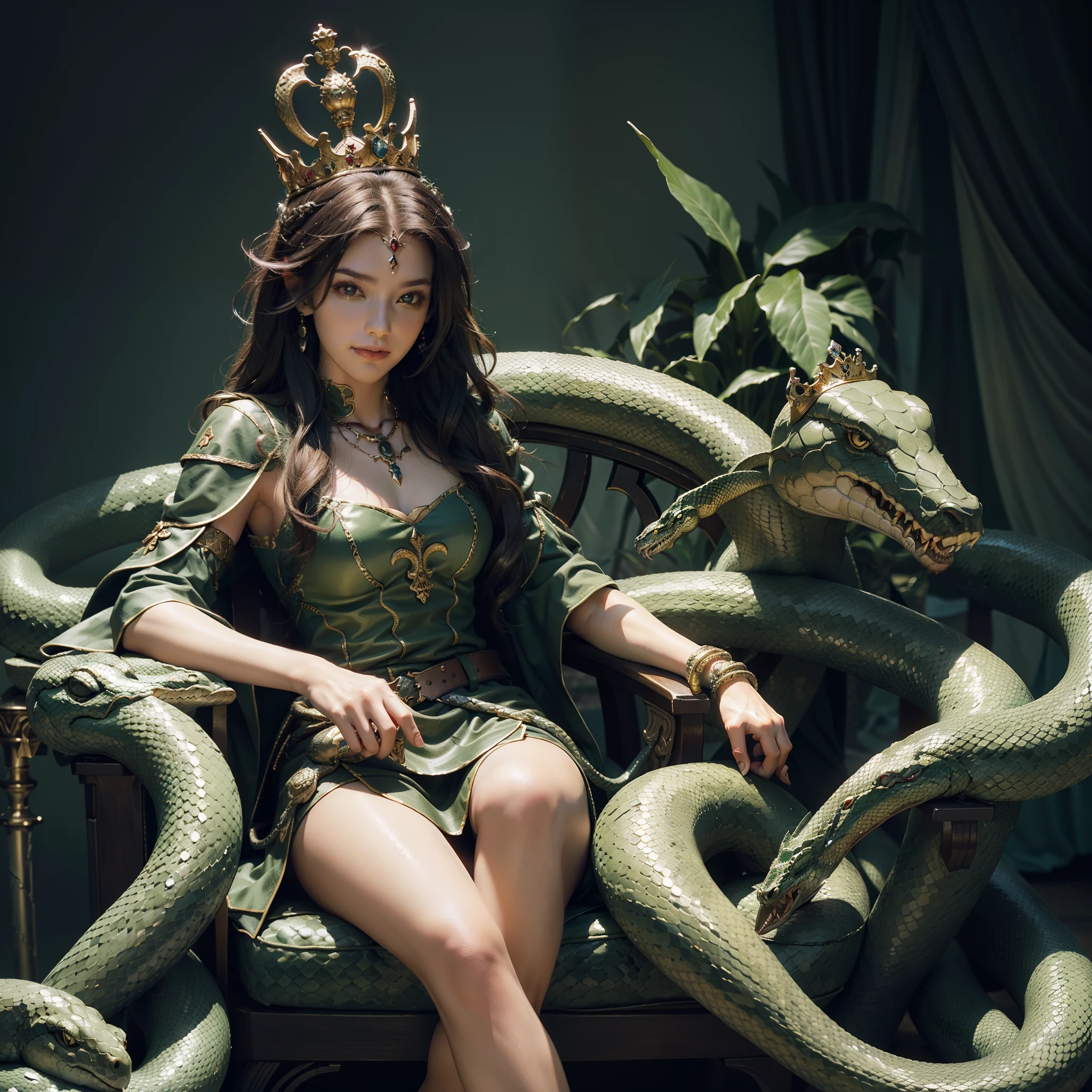 Realistic portrait of head wearing a crown of a snake, The smile is charming, dark castle, Sit in a sword chair, Serpentine decoration under the feet, Five Roman soldiers armed with swords revolved around it,Assault the woman, Dynamic images, Dreamy spring, The evil of the snake demon, Evil dependence, Thriller suspense, Focus gathering.