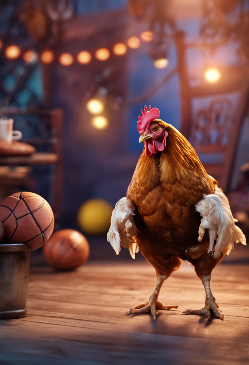 Chicken playing basketball in suspenders