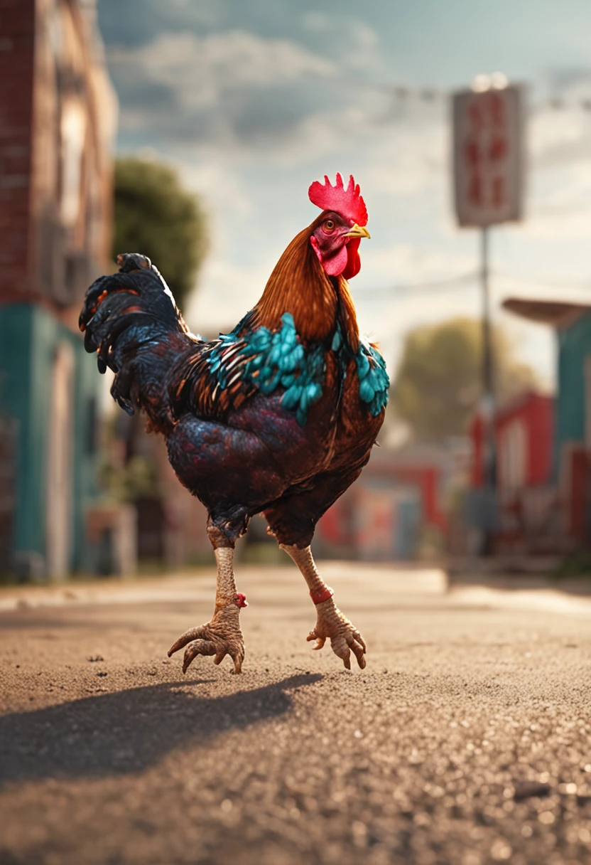 Chicken playing basketball in suspenders