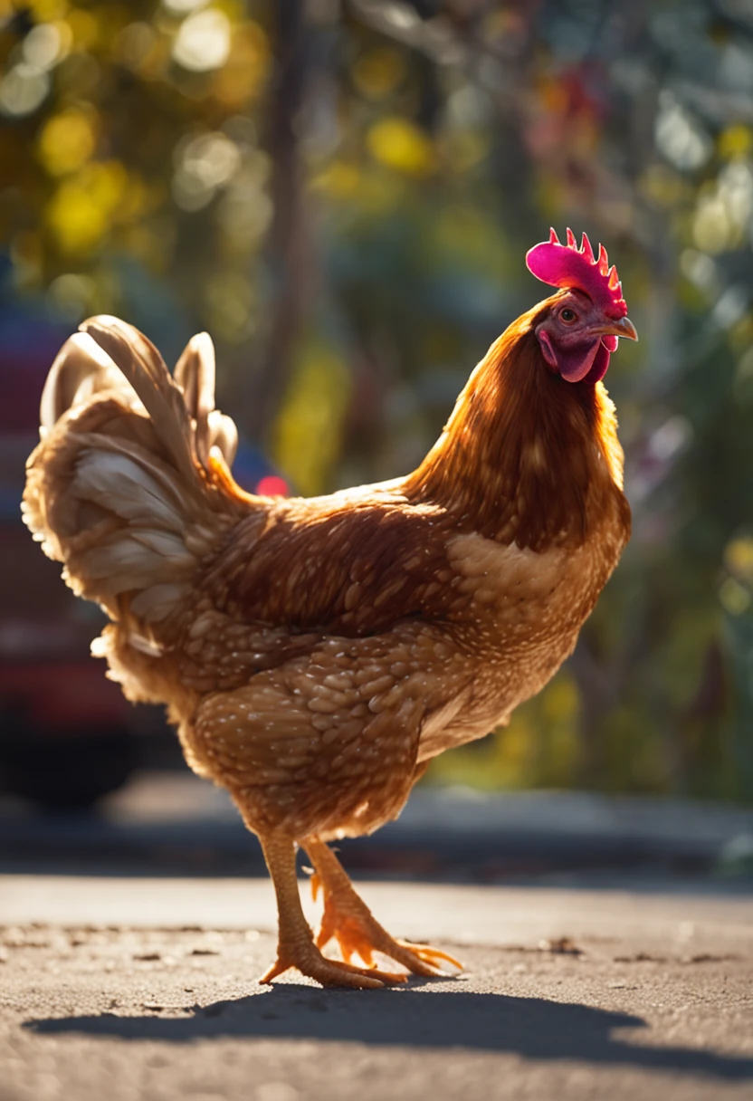 Chicken playing basketball in suspenders