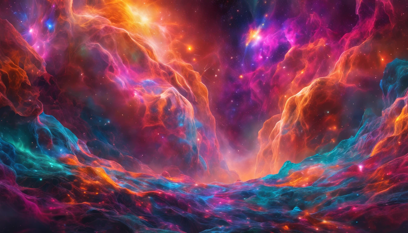 A celestial being emerges from the heart of a colorful nebula, its luminous form reflecting the vibrant hues of the cosmic expanse. Create an artwork that resonates with the awe and wonder of interstellar beauty