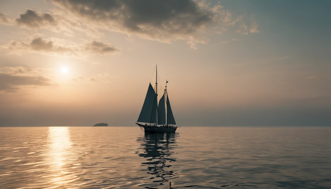 Heading towards the morning sun, the appearance of the sailing ship、Draw in the beautiful sea。 Sailing ship cuts gentle waves、While its white sails spread in the wind、Sailing in pursuit of the brightness of the rising sun。 The light of the morning sun sparkles on the surface of the sea、A trail of warm light is depicted on the surface of the water。 On the distant horizon、The orange sky and sea spread out as one、The mysterious beauty of the sunrise is felt、Full of courage and hope for a new day。