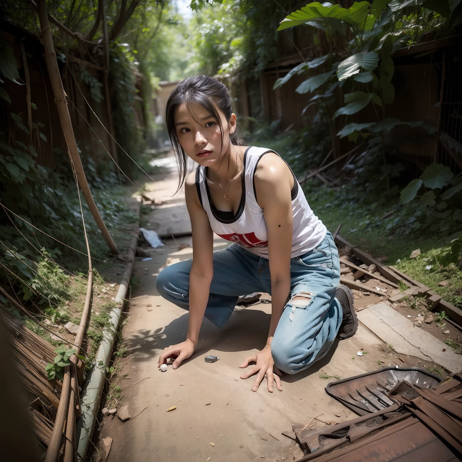 (8K分辨率,Photo above the thigh,Sideways photo of kneeling sitting),(1womanl,20yr old,((Face with thin bones,The face of vicissitudes,unkempt,详细的脸)),(Messy long hair),(Praying gaze,Look into the camera),Rough, broken skin,(Covered with dust and dirt),Barren breasts,(Dirty sleeveless T-shirt,(torn outfit,Clothes covered with stains),(Worn-out shorts),(A thin body),Handguards for rag strips,Shriveled and thin body,(Dirty body,sat on the ground),perfect hand,Ultra-fine clothing material),((Remains Cliff,Ruins of war,(Walls full of craters),Brutal war survival,Exquisite environmental details)),(Professional lighting,动态照明),((The color is uniform,(white colors,brown pubic fur,black in color,greys))),(Golden section,Cinema lenses,Hasselblad photograp,tmasterpiece:1.3),(End-time survival,Brutal war survival,Artis,Art platform)