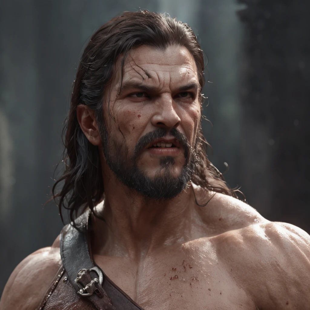 (professional 3d render:1.3) af (Realistic:1.3) most beautiful artwork photo in the world,Features soft and shiny male heroes, ((Epic hero fantasy muscle man rough wet hero angry look long hair short beard and ferocious expression in dynamic pose, Fantastic location, Majestic cluttered environment)), full body 8k unity render, action shot, skin pore, very dark lighting, heavyshading, Detailed, Detailed face, (vibrant, photograph realistic, Realistic, Dramatic, Dark, Sharp focus, 8K), (Old leather garments damaged by weathering:1.4), ((((Wear fur)))), (Intricate:1.4), decadent, (Highly detailed:1.4), Digital painting, rendering by octane, art stations, concept-art, smooth, Sharp focus, illustration, Art germ, (loish:0.23), wlop ilya kuvshinov, and greg rutkowski and alphonse mucha gracias, (Global illumination, Studio light, volumettic light), heavy rain, particles floating, lotr, fantasy, elf, full bodyesbian, ((Dark and ancient city background:1.3)),CGSesociety,art stations
