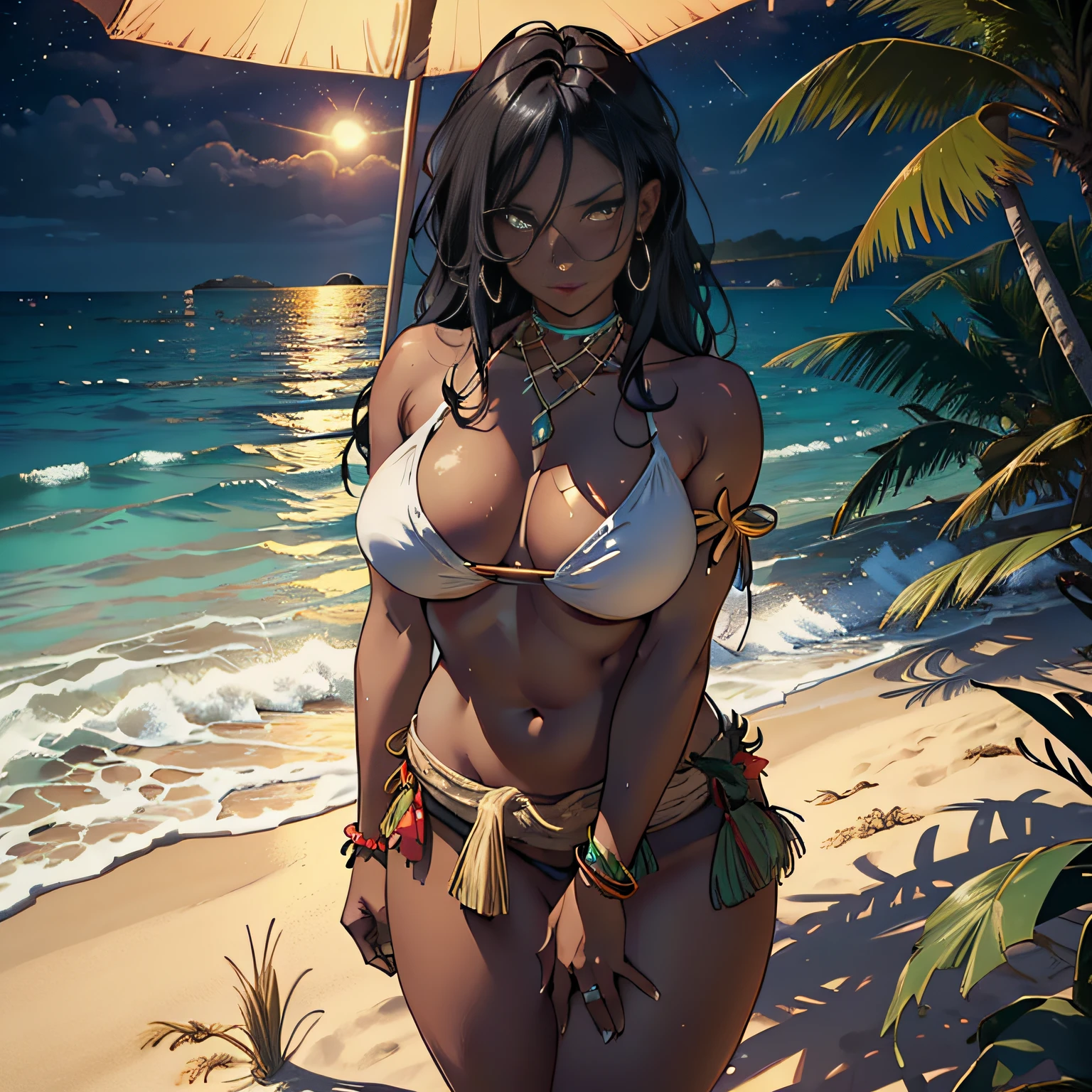 (high resolution, The pixels are perfect, luxurious illustration), (hyper qualit, Masterpiece, Ethereal: 1.4),(Solo:1.4),((((Beach at night))))，A woman，A dance with a strong sexual meaning，Realistis，((assertive female))， ((No bra))，(((nacked hip)))，wetted skin， the wallpaper，full bodyesbian，Carmelto,spilled milk,(((There was only a nearly naked grass skirt around the waist)))，(((Carmelto)))，a mature female，Black areola，female public hair，Armpit hairy，(((A MILF: 1.4))), (Curvy:1.35),((((Dark skin))))，long whitr hair，Curvy physique, Fitness model, Thick body,((Sexual suggestiveness))，standing on one leg，((((hand between legs))))