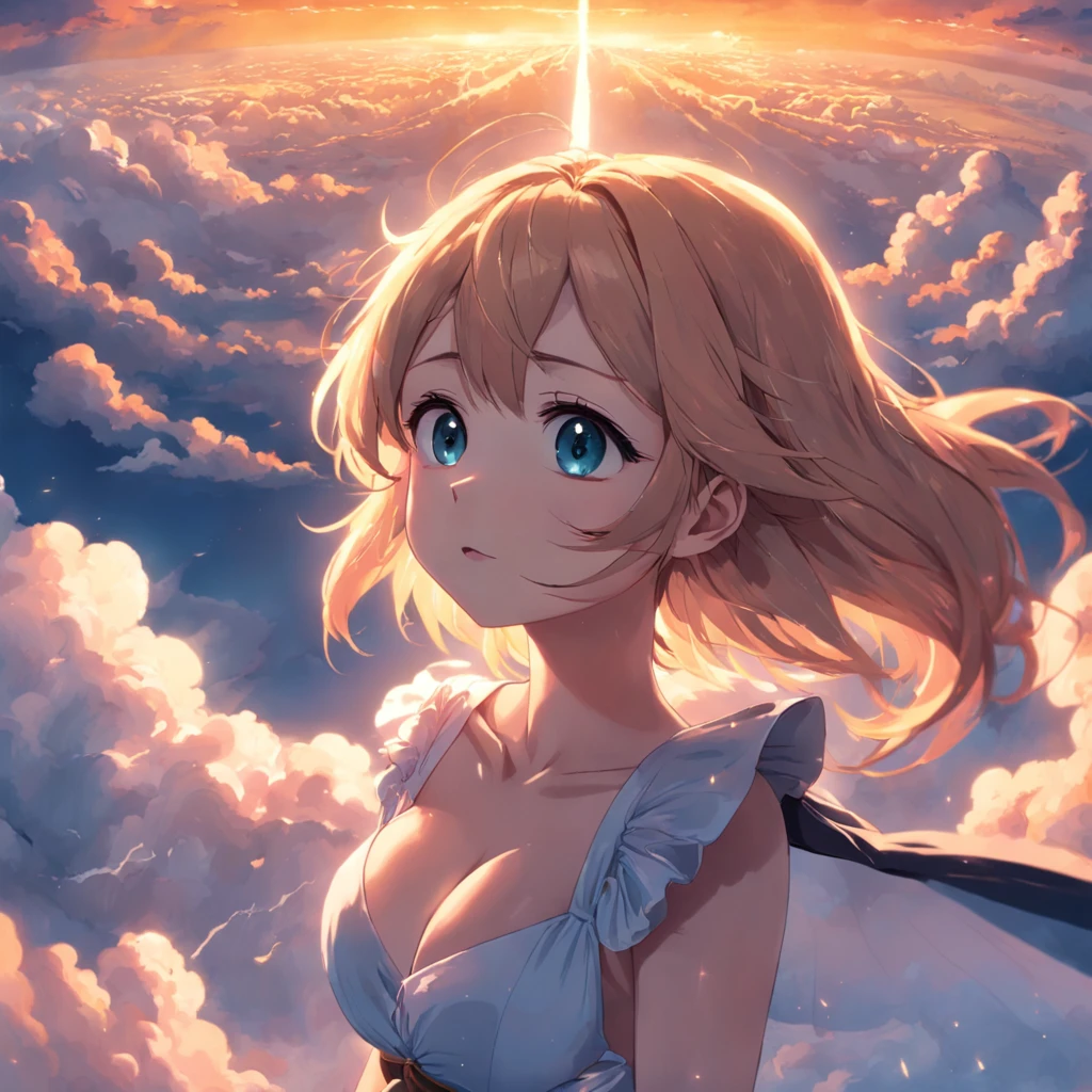 tmasterpiece，best qualtiy，cinematic Film still from，1个Giant Breast Girl，Cloud girl floating in the sky，closeup cleavage，brightly，cheerfulness，Warm and soft lighting，the sunset，（spark of light：0.7），white legwear。