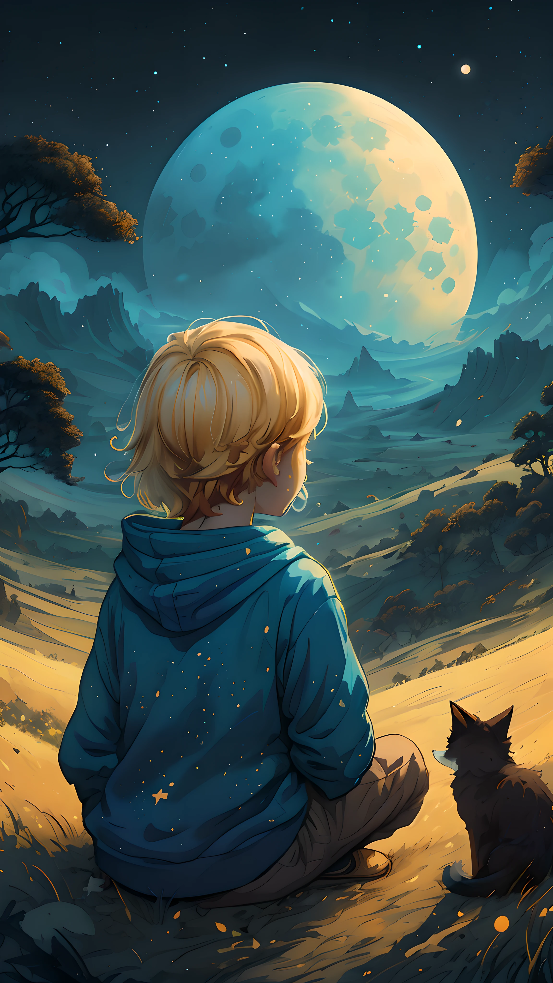 there is a boy sitting on the ground with a fox watching the moon, inspired by Cyril Rolando, cyril rolando and m.w kaluta, cyril rolando and m. w kaluta, cyril rolando and goro fujita, childrens art in artstation, in style of cyril rolando, background artwork, beeple and jeremiah ketner