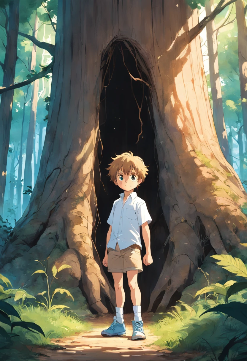 The little 6-year-old Christian Luke, de olhos azuis, surpreso, in white shirt and light blue jeans, brown sneakers, He explored the forest behind his house, found a bright crack in the trunk of a tree, children's book ilustration style, simples, fofo, luz da arvore.
