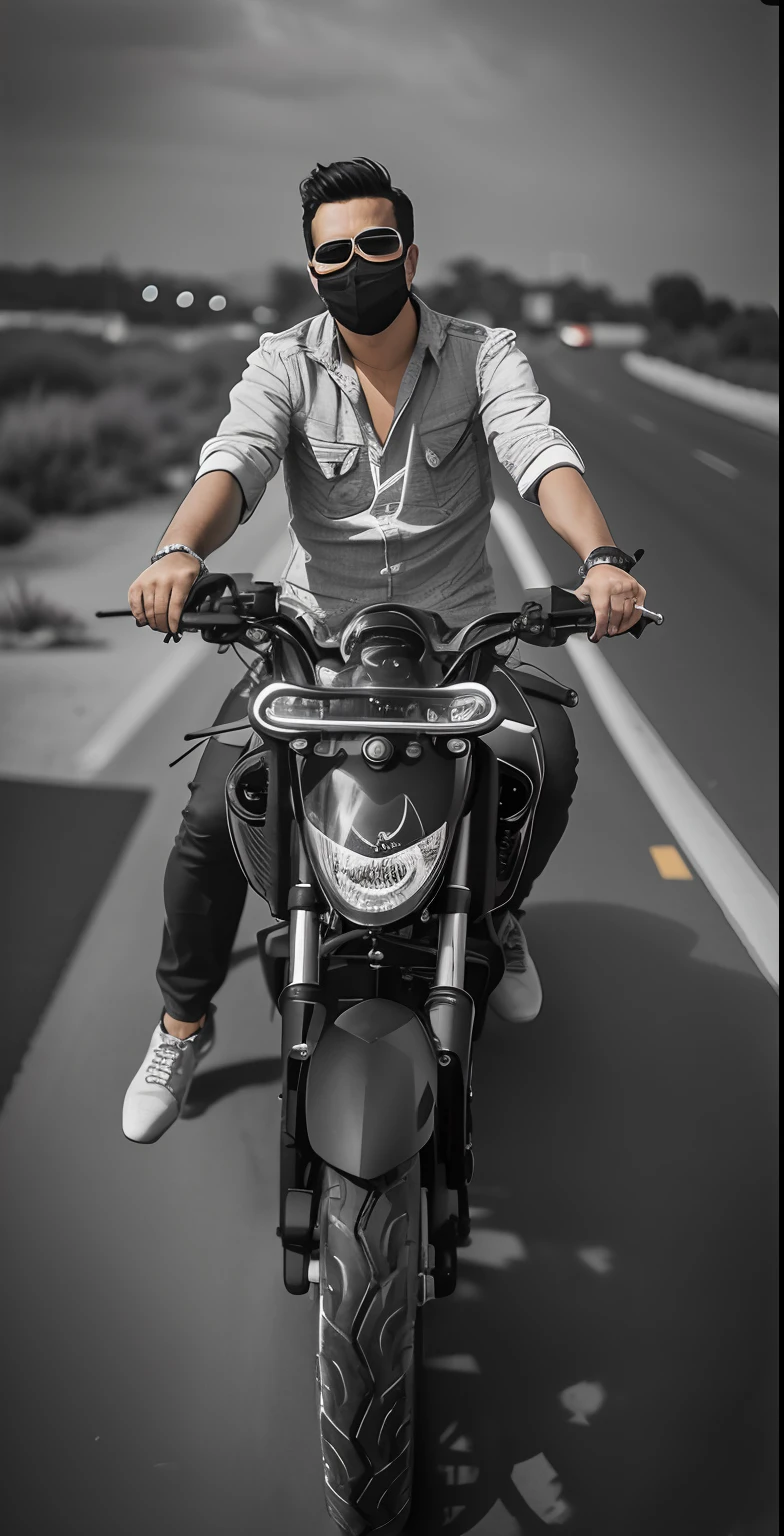 arafed man riding a motorcycle on a road with a mask on, riding a motorcycle, riding a motorbike, sitting on a motorcycle, riding a motorbike down a street, picture of a male biker, motorcycle, motorbiker, one motorbike in center of frame, riding on the road, b&w photo, motorbike, biker, without helmet long hair without sun glass