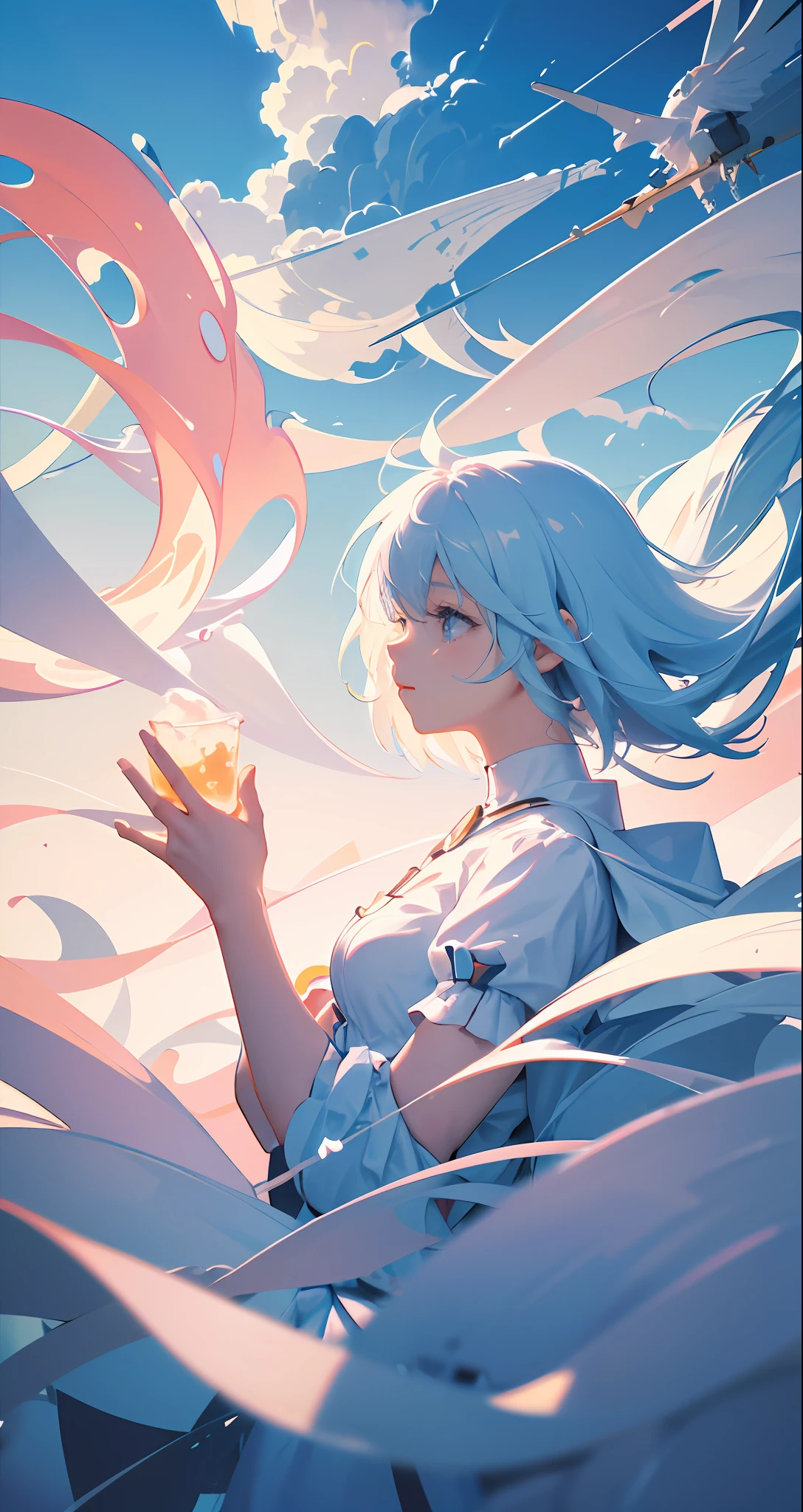 masterpiece, best quality, movie still, 1girl, floating in the sky, cloud girl, cloud, (close-up:1.1), bright, happy, fun, soft lighting, (Bauhaus, shapes, lines, abstract:1.1)