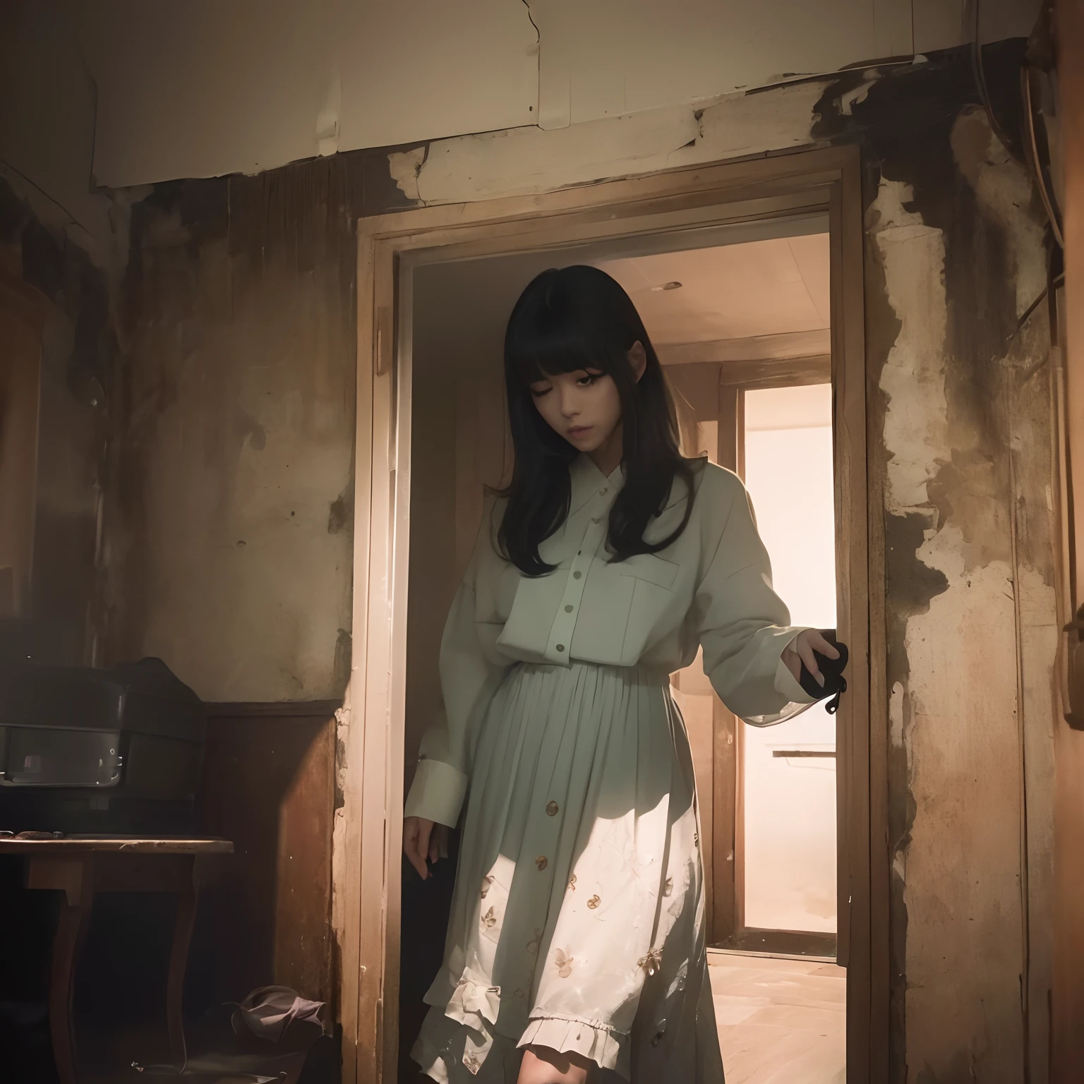 Girl's black hair swaying in the wind blowing indoors、Beautiful black hair swaying the reflection of light in the afternoon light coming in through the window、Photorealistic、Dynamic movement hair, (incredibly_absurdres,huge_filesize:1.37),(masterpiece:1.37),(top-quality:1.37),(realisitic,Photorealsitic:1.2),Ray traching,Realistic lighting,(illuminations,Glow),((film grains:1.37)),(Exquisite details and textures:1.2),(8K分辨率:1.2),(ultra -detail:1.2),(Sharp Focus 1.2),(RAW Photography:1.0),(ulzzang-6500-v1.1:1.2),(Beautiful Detail Face、Beautiful Detail Eye、 radiant eyes、long eyeslashes、blush of the nose:1.2)、tiangtongjiang、mix4、JWY1,20D、A dark-haired、((((perfect anatomia))))、viewer、full bodyesbian、ceremony、1girl in、独奏、Young face、a beauty girl、(Random Hairstyles)、high class、(A slender:1.37)、(More knee socks:1.2)、(Beauty slim legs:1.15)、(cute face)、(Natural glowing skin:1)、(tiny chest、big breasts thin waist、small thigh、small tits、toned buttocks、perfect body type:1.1)、(Detailed natural beautiful skin、detailed skin textures、Detailed black hair、random hair styles)、Facial light、(ciinematic light)、lensflare、shade、back lighting、depth of fields、back lighting