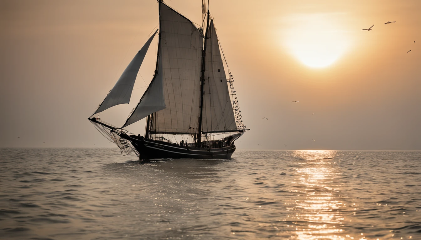 Head towards the rising sun。Draw a landscape of a sailing ship。A sailing ship on calm waters、We are heading for the golden morning sun.。The sails of a sailing ship spread out in the wind、The hull gracefully cuts through the surface of the sea」While progressing、There is a splash of water。 The light of the morning sun reflects off the hull of a sailing ship、You can see the beautiful scenery as if a golden flame is burning。 In the distance, the sky and sea dyed in the morning sun」