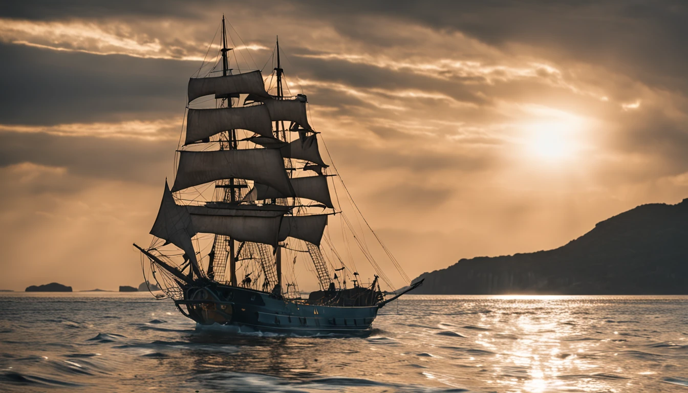 Head towards the rising sun。Draw a landscape of a sailing ship。A sailing ship on calm waters、We are heading for the golden morning sun.。The sails of a sailing ship spread out in the wind、The hull gracefully cuts through the surface of the sea」While progressing、There is a splash of water。 The light of the morning sun reflects off the hull of a sailing ship、You can see the beautiful scenery as if a golden flame is burning。 In the distance, the sky and sea dyed in the morning sun」