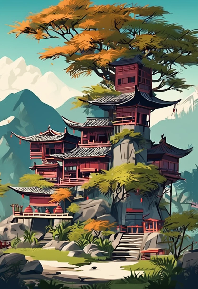 Scene of a Dai village, The background is a beautiful Dai stilt building,Ancient tea trees and mountains, Clean white background, Professional vector, Full shot, 8K resolution, Impressive illustration