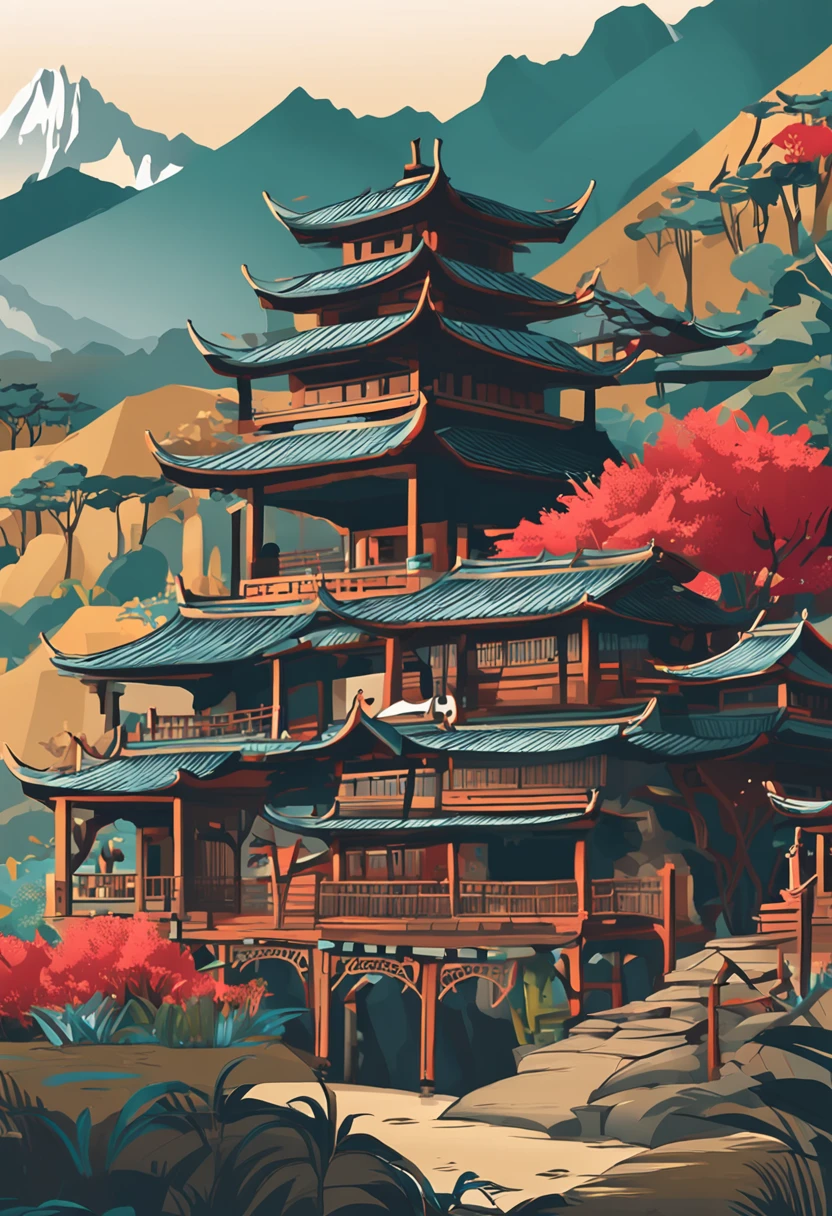 Scene of a Dai village, The background is a beautiful Dai stilt building,Ancient tea trees and mountains, Clean white background, Professional vector, Full shot, 8K resolution, Impressive illustration